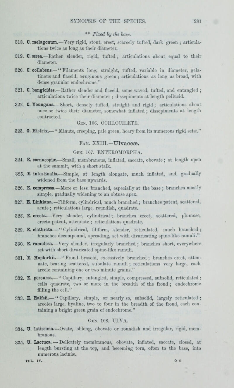 ** Fixed hy the base. 318. C. melagonum.—Yeiy rigid, stout, erect, scarcely tufted, dark green ; articula- tions twice as long as their diameter. 319. C. aerea.—Rather slender, rigid, tufted ; articulations about equal to their diameter. 320. C. collabens.— “Filaments long, straight, tufted, variable in diameter, gela- tinous and flaccid, aeniginous green; articulations as long as broad, with dense granular endoclirome. ” 321. C. bangioides.— Rather slender and flaccid, some waved, tufted, and entangled ; articulations twice their diameter ; dissepiments at length pellucid. 322. C. Youngana.— Short, densely tufted, straight and rigid ; articulations about once or twice their diameter, somewhat inflated ; dissepiments at length contracted. Gen. 106. OCHLOCILETE. 323. 0. Histrix.— “Minute, creeping, pale green, hoary from its numerous rigid setai.” Fam. XXIII.—Ulvacese. Gen. 107. ENTEROMORPHA. 324. E. cornucopiae.—Small, membranous, inflated, saccate, obovate; at length open at the summit, with a short stalk. 325. E. intestinalis.—Simple, at length elongate, much inflated, and gradually widened from the base upwards. 326. E. compressa.—More or less branched, especially at the base ; branches mostly simple, gradually widening to an obtuse apex. 327. E. Linkiana.—Filifonn, cylindrical, much branched ; branches patent, scattered, acute ; reticulations large, roundish, quadrate. 328. E. erecta.—Very slender, cylindrical; branches erect, scattered, plumose, erecto-patent, attenuate ; reticulations quadrate. 329. E. clatbrata.—“Cylindrical, filifonn, slender, reticulated, much branched; branches decompound, spreading, set with divaricating spine-like ramuli.” 330. E. ramulosa.—Yeiy slender, irregularly branched ; branches short, everywhere set with short divaricated spine-like raniuli. 331. E. Hopkirkii.—“Frond byssoid, excessively branched; branches erect, atten- uate, bearing scattered, subulate ramuli ; reticulations very large, each areole containing one or two minute grains.” 332. E. percursa.—“ Capillaiy, entangled, simple, compressed, subsolid, reticulated ; cells quadrate, two or more in the breadth of the frond ; endochrome filling the cell.” 333. E. Kalfsii.— “ CapiUaiy, simple, or nearly so, subsoKd, largely reticulated; areoles large, hyaline, two to four in the breadth of the frond, each con- taining a bright green grain of endochrome.” Gen. 108. ULYA. 334. IT. latissima.—Ovate, oblong, obovate or roundish and irregular, rigid, mem- branous. 335. IT. Lactuca. — Delicately membranous, obovate, inflated, saccate, closed, at length bursting at the top, and becoming tom, often to the base, into numerous lacinite. 0 0 VOL. IV.