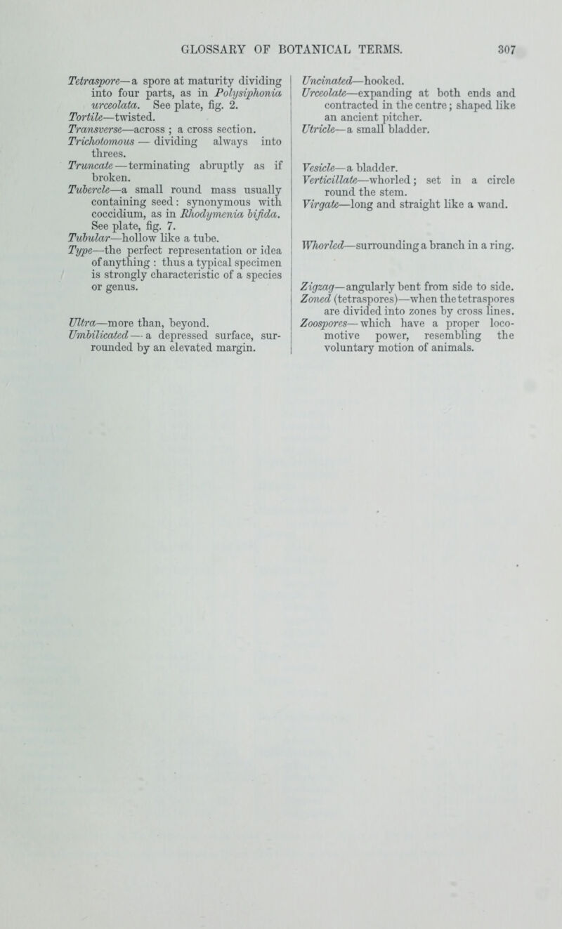 Tetraspore— a spore at maturity dividing I into four parts, as in Polysiphonia urceolata. See plate, fig. 2. ' Tortile—twisted. ! Transverse—across ; a cross section. i Trichotomous — dividing always into threes. Truncate—terminating abruptly as if broken. Tubercle—a small round mass usually containing seed: synonymous with coccidium, as in Rhodymenia bifida. \ See plate, fig. 7. Tubular—hollow like a tube. Type—the perfect representation or idea of anything ; thus a typical specimen is strongly characteristic of a species or genus. Ultra—more than, beyond. Umbilicated — a depressed surface, sur- rounded by an elevated margin. Uncinated—hooked. Urceolate—expanding at both ends and contracted in the centre; shaped like an ancient pitcher. Utricle—a small bladder. Vesicle—a bladder. Verticillate—whorled; set in a circle round the stem. Virgate—long and straight like a wand. Whorled—surrounding a branch in a ring. angularly bent from side to side. Zoned (tetraspores)—when thetetraspores are divided into zones by cross lines. Zoospores—which have a proper loco- motive power, resembling the voluntary motion of animals.