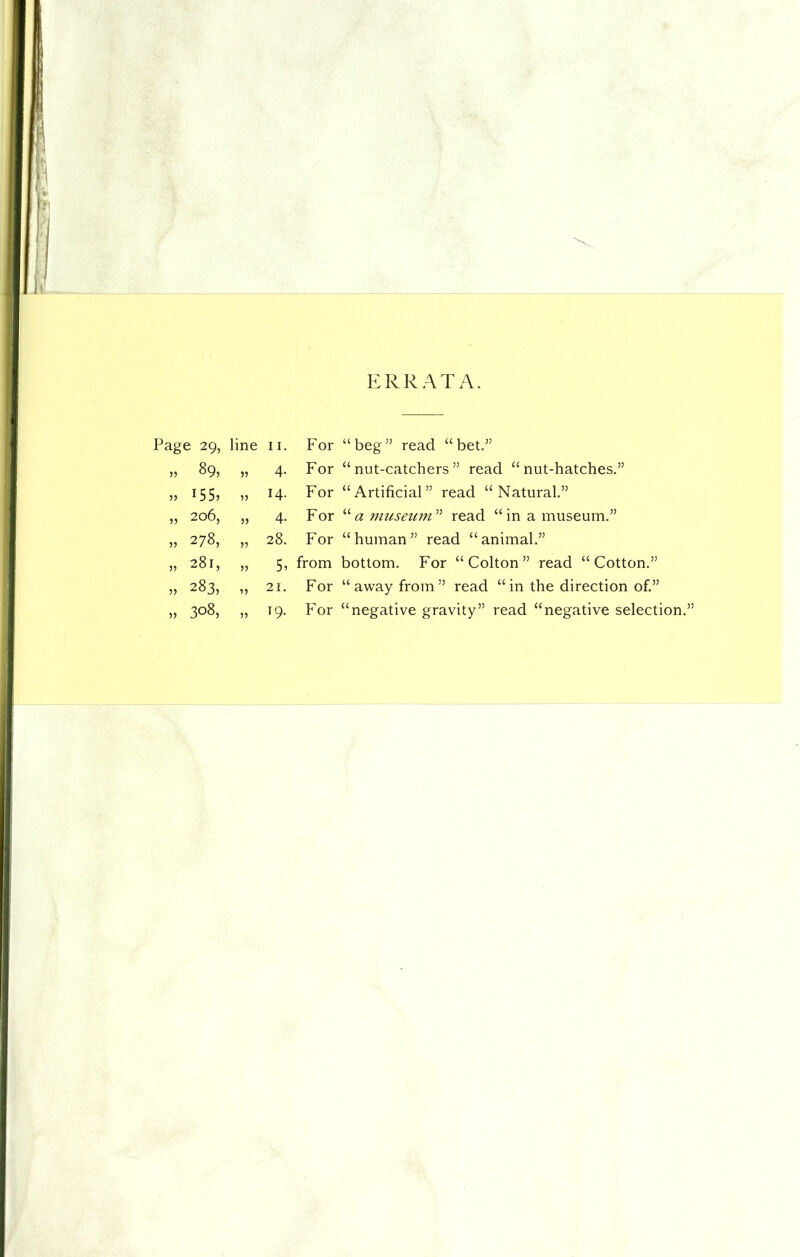 ERRATA. Page 29, line 11. For “beg” read “bet.” jj 89, 55 4- For “nut-catchers” read “nut-hatches.” 55 15 5, 55 14. For “Artificial” read “Natural.” 55 206, 55 4- For “ a museum ” read “ in a museum.” 55 278, „ 28. For “ human ” read “ animal.” 55 281, 55 5, from bottom. For “Colton” read “Cotton.” „ 283, „ 21. For “ away from ” read “ in the direction of.” „ 308, „ 19. For “negative gravity” read “negative selection.’