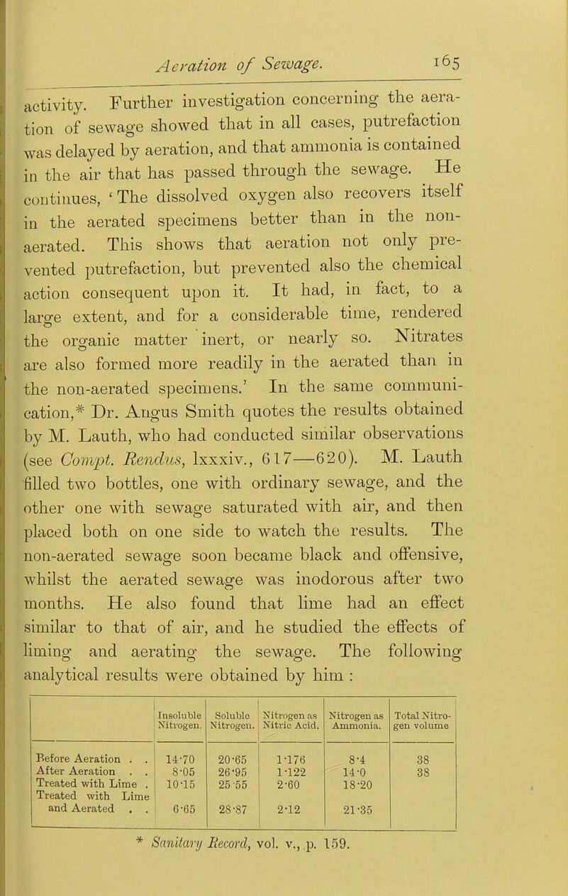 activity. Further investigation concerning the aera- tion of sewage showed that in all cases, putrefaction was delayed by aeration, and that ammonia is contained in the air that has passed through the sewage. ^ He continues, ' The dissolved oxygen also recovers itself in the aerated specimens better than in the non- aerated. This shows that aeration not only pre- vented putrefaction, but prevented also the chemical action consequent upon it. It had, in fact, to a large extent, and for a considerable time, rendered the organic matter inert, or nearly so. Nitrates are also formed more readily in the aerated than in the non-aerated specimens.' In the same communi- cation,* Dr. Angus Smith quotes the results obtained by M. Lauth, who had conducted similar observations (see Compt. Rendus, lxxxiv., 617—620). M. Lauth filled two bottles, one with ordinary sewage, and the other one with sewage saturated with air, and then placed both on one side to watch the results. The non-aerated sewage soon became black and offensive, whilst the aerated sewage was inodorous after two months. He also found that lime had an effect similar to that of air, and he studied the effects of liming and aerating the sewage. The following analytical results were obtained by him : Insoluble Nitrogen. Soluble Nitrogen. Nitrogen as Nitric Acid. Nitrogen as Ammonia. Total Nitro- gen volume Before Aeration . . 14-70 20-65 1-176 8-4 38 After Aeration . . 8-05 26-95 1-122 14-0 38 Treated with Lime . 10-15 25 55 2-60 18-20 Treated with Lime and Aerated . . 6-65 28-87 2-12 21 -35 * Sanitary Record, vol. v., .p. 159.
