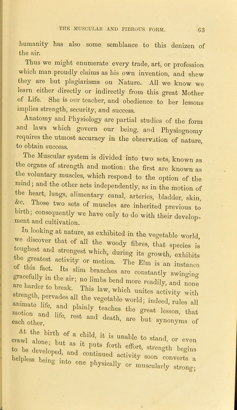 humanity has also some semblance to this denizen of the air. Thus we might enumerate every trade, art, or profession which man pioudly claims as his own invention, and shew they are but plagiarisms on Nature. All we know we learn either directly or indirectly from this great Mother of Life. She is our teacher, and obedience to her lessons implies strength, security, and success. Anatomy and Physiology are partial studies of the form and . laws which govern our being, and Physiognomy requires the utmost accuracy in the observation of nature, to obtain success. The Muscular system is divided into two sets, known as the organs of strength and motion: the first are known as the voluntary muscles, which respond to the option of the mind; and the other acts independently, as in the motion of the heart, lungs, alimentary canal, arteries, bladder, skin, &c. Those two sets of muscles are inherited previous to’ irth; consequently we have only to do with their develop- ment and cultivation. In looking at nature, as exhibited in the vegetable world we discover that of all the woody fibres, that species ii h telT TT' WhiCh' dUr“g Us *rTOth- -Mbit. o6~ “t f. °r m0ti0n' Tl,e Elm is an instance or, f ,US Shm branches are constantly swino-incr gracefully m the air; no limbs bend more readily and none I*to brr\,This law’wWch »■*« animate'liferV dS VegetaW° WWldl indeec1' rules al‘ motTon a d'lfl Pl“mly teaohes th. great lesson, that each other. death- are but synonyms of crawl ‘le-lfa! fV? * stand, or even to be developedb ami * r ”r T stren«th begins I cr • & >