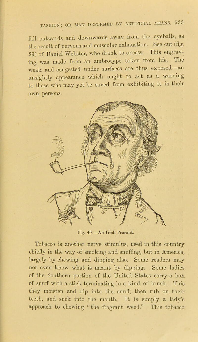 fall outwards and downwards away from the eyeballs, as the result of nervous and muscular exhaustion. See cut (fig. 39) of Daniel Webster, who drank to excess. This engrav- ing was made from an ambrotype taken from life. The weak and congested under surfaces are thus exposed—an unsightly appearance which ought to act as a warning to those who may yet be saved from exhibiting it in their own persons. Tobacco is another nerve stimulus, used in this country chiefly in the way of smoking and snuffing, but in America, largely by chewing and dipping also. Some readers may not even know what is meant by dipping. Some ladies of the Southern portion of the United States carry a box of snuff with a stick terminating' in a kind of brush. This they moisten and dip into the snuff, then rub on their teeth, and suck into the mouth. It is simply a lady’s approach to chewing “ the fragrant weed.” This tobacco