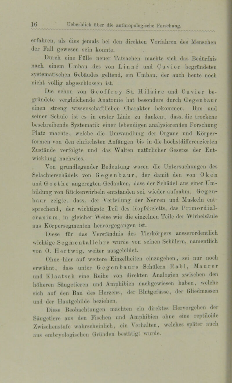 erfahren, als dies jemals bei den direkten Vorfahren des Menschen der Fall gewesen sein konnte. Durch eine Fiille neuer Tatsachen macbte sich das Bediirfnis nacb eineni Umbau des von Linnd und Cuvier begrUndeten systematischen Gebiiudes geltend, ein Umbau, der aucli heute noch nickt vbllig abgesclilossen ist. Die sebon von Geoffroy St. Hilaire und Cuvier be- grilndete vergleichende Anatomie bat besonders durch Gegenbaur einen streng wissenscbaftlicben Cbarakter bekommen. Ibm und seiner Scbule ist es in erster Linie zu danken, dass. die trockene bescbreibende Systematic einer lebendigen analysierenden Forscbung Platz macbte, vvelcbe die Umwandlung der Organe und Korper- formen von den einfacbsten Anfangen bis in die bdcbstdifferenzierten Zustande verfolgte und das Walten natiirlicber Gesetze der Ent- wicklung nacbwies. Von grundlegender Bedeutung waren die Untersucbungen des Selacbierscbiidels von Gegenbaur, der damit den von 0 k e n und Goetbe angeregten Gedanken, dass der Scbiidel aus einer Um- bildung von Ruckenwirbeln entstanden sei, wieder aufnahm. Gegen- baur zeigte, dass, der Verteilung der Nerven und Muskeln ent- sprecbend, der wicbtigste Teil des Kopfskeletts, das Primordial- cranium, in leicher Weise wie die einzelnen Teile der Wirbelsaule aus Kbrpersegmenten hervorgegangen ist. Diese fur das Verstandnis des Tierkorpers ausserordentlich wicbtige Segmentallehre wurde von seinen Scbulern, namentlicb von 0. Hertwig, weiter ausgebildet. Obne bier auf weitere Einzelbeiten einzugeben, sei nur nocli erwahnt, dass unter Gegenbaurs Scblllern llabl, Maurei und Klaatsch eine Reihe von direkten Analogien zwiscben den hdheren Siiugetieren und Amphibien nachgewiesen baben,  elcbe sicb auf den Bau des Herzens, der Blutgefiisse, der Gliedmassen und der Kautgebilde bezieben. Diese Beobacbtungen macbten ein direktes Hervorgehen dei Saugetiere aus den Fischen und Amphibien obne eine reptiloide Zwiscbenstufe wahrscheinlieh, ein Vbrhallen, welches spftter auch aus ernbryologischen GrUnden bcstiltigt wurde.