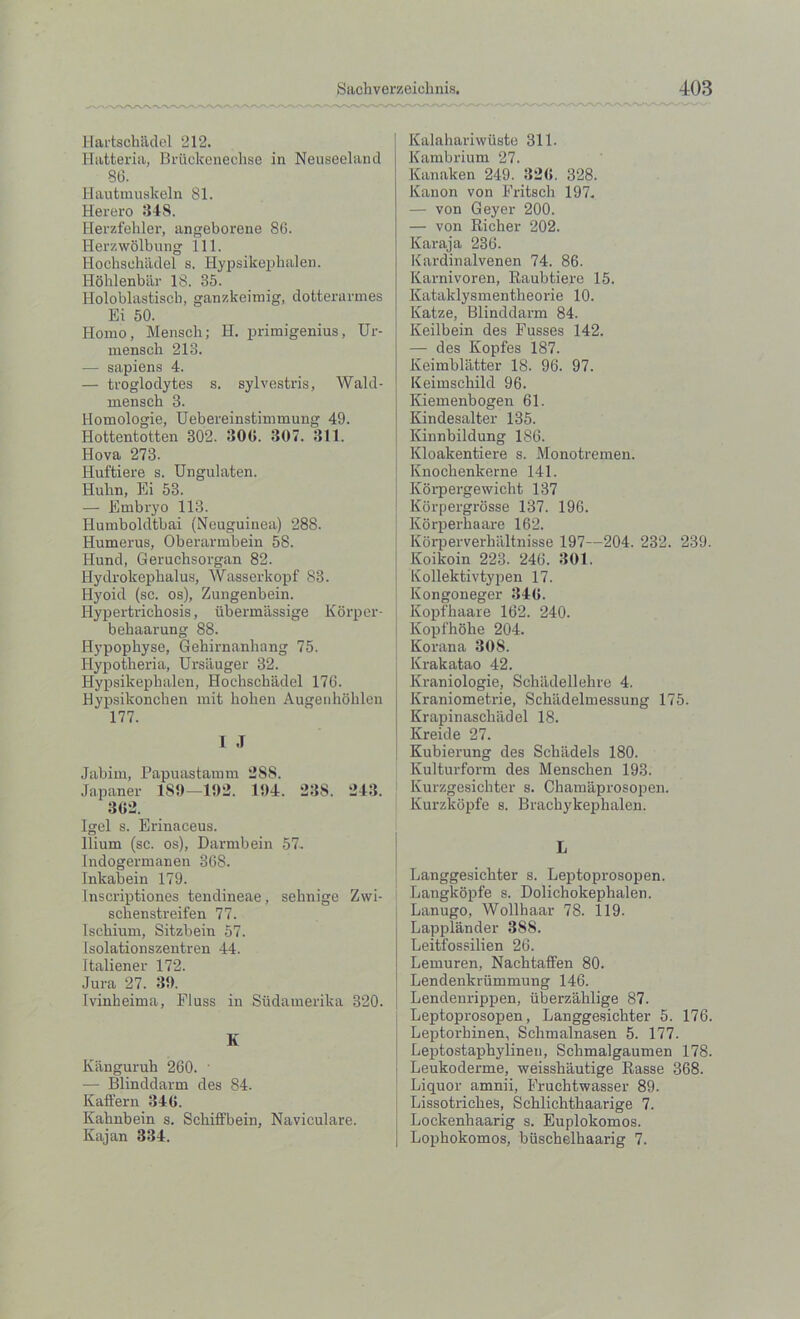 Hartschiidel 212. Hatteria, Briiclcenechse in Neuseeland 86. Hautmuskeln 81. Herero 34S. Herzfehler, angeborene 86. Herzwolbung 111. Hochsehadel s. Hypsikephalen. Holilenbiir 18. 35. Holoblastisch, ganzkeimig, dotterarmes Ei 50. Homo, Mensch; H. primigenius, Ur- mensch 213. — sapiens 4. — troglodytes s. sylvestris, Wald- mensch 8. Homologie, Uebereinstimmung 49. Hottentotten 302. 806. 307. 311. Hova 273. Huftiere s. Ungulaten. Hulin, Ei 53. — Embryo 118. Humboldtbai (Neuguinea) 288. Humerus, Oberarmbein 58. Hund, Geruchsorgan 82. Hydrokephalus, Wasserkopf 83. Hyoid (sc. os), Zungenbein. Hypertrichosis, tibermassige Korper- behaarung 88. Hypophyse, Gehirnanhang 75. Hypotheria, Ursiiuger 32. Hypsikephalen, Hochsehadel 176. Hypsikonchen mit hohen Augenhohlen 177. 1 J Jabim, Papuastamm 288. Japaner 189—192. 194. 238. 243. 362. Igel s. Erinaceus. Ilium (sc. os), Darmbein 57. Indogermanen 368. Inkabein 179. Inscriptiones tendineae, sehnige Zwi- schenstreifen 77. Ischium, Sitzbein 57. Isolationszentren 44. Italiener 172. Jura 27. 39. Ivinbeima, Fluss in Sudamerika 320. K Kanguruh 260. ' — Blinddarm des 84. Kaffern 346. Kahnbein s. Schiffbein, Naviculare. Kajan 334. Kalahariwiiste 311. Kambrium 27. Kanaken 249. 326. 328. Kanon von Fritsch 197. — von Geyer 200. — von Richer 202. Karaja 236. Kardinalvenen 74. 86. Karnivoren, Raubtiere 15. Kataklysmentheorie 10. Katze, Blinddarm 84. Keilbein des Fusses 142. — des Kopfes 187. Keimbliitter 18. 96. 97. Keimschild 96. Kiemenbogen 61. Kindesalter 135. Kinnbildung 186. Kloakentiere s. Monotremen. Knochenkerne 141. ICorpergewicht 137 Korpergrosse 137. 196. Korperhaare 162. Korperverhiiltnisse 197—204. 232. 239. Koikoin 223. 246. 301. Ivollektivtypen 17. Kongoneger 346. Kopfhaare 162. 240. Kopi'hohe 204. Korana 308. Krakatao 42. Ivraniologie, Schadellehre 4. Kraniometrie, Schiidelmessung 175. Krapinaschiidel 18. Kreide 27. Kubierung des Schadels 180. Kulturform des Menschen 193. Kurzgesichter s. Chamaprosopen. Kurzliopfe s. Brachykephalen. Langgesichter s. Leptoprosopen. Langkopfe s. Dolichokephalen. Lanugo, Wollhaar 78. 119. Lapplander 388. Leitfossilien 26. Lemuren, Nachtaffen 80. Lendenkriimmung 146. Lendeurippen, iiberzahlige 87. Leptoprosopen, Langgesichter 5. 176. Leptorhinen, Schmalnasen 5. 177. Leptostaphylinen, Schmalgaumen 178. Leukoderme, weisshautige Rasse 368. Liquor amnii, Fruchtwasser 89. Lissotriches, Schlichthaarige 7. Lockenhaarig s. Euplokomos. Lophokomos, buschelhaarig 7.