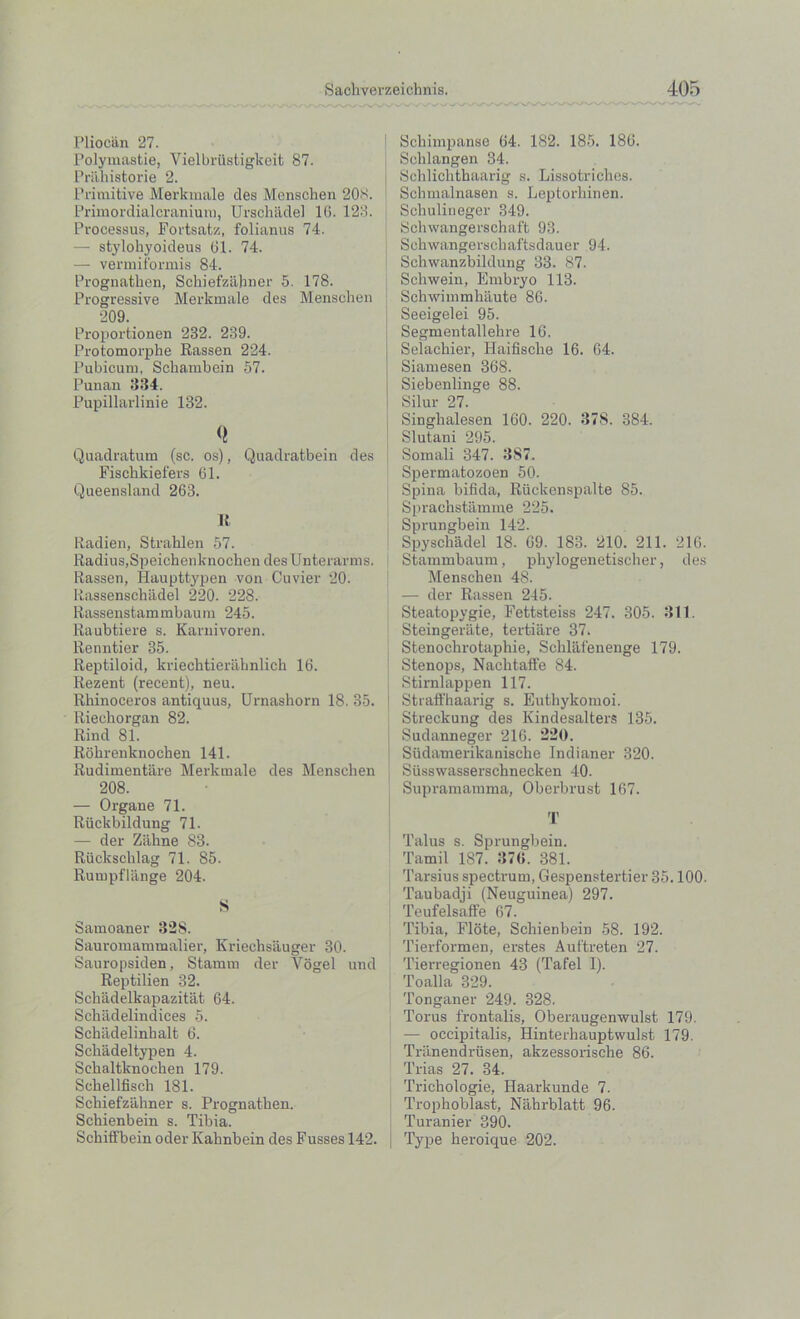 /vw Pliocan 27. Polymastie, Vielbriistigkeit 87. Priihistorie 2. Primitive Merkmale des Menschen 208. Primordialcranium, Urschfidel 16. 123. Processus, Fortsatz, folianus 74. — stylohyoideus 61. 74. — vermiformis 84. Prognathen, Schiefzahner 5. 178. Progressive Merkmale des Menschen 209. Proportions 232. 239. Protomorphe Rassen 224. Pubicum, Schambein 57. Punan 334. Pupillarlinie 132. Q Quadratum (sc. os), Quadratbein des Fischkiefers 61. Queensland 263. it Radien, Straklen 57. Radius, Speichcnknochen desUnterarms. Rassen, Iiaupttypen von Cuvier 20. Rassenschadel 220. 228. Rassenstammbaum 245. Raubtiere s. Karnivoren. Renntier 35. Reptiloid, kriechtierahnlich 16. Rezent (recent), neu. Rhinoceros antiquus, Urnashorn 18. 35. Riechorgan 82. Rind 81. Rohrenknochen 141. Rudimentare Merkmale des Menschen 208. — Organe 71. Riickbildung 71. — der Ziihne 83. Ruckschlag 71. 85. Rumpflange 204. S Samoaner 328. Sauromammalier, Kriechsauger 30. Sauropsiden, Stamm der Vogel und Reptilien 32. Schadelkapazitat 64. Schiidelindices 5. Schildelinhalt 6. Sckadeltypen 4. Schaltknochen 179. Schellfisch 181. Schiefzahner s. Prognathen. Schienbein s. Tibia. Schiffbein oder Kahnbein des Fusses 142. Schimpanse 64. 182. 185. 186. Schlangen 34. Schlichthaarig s. Lissotriches. Schmalnasen s. Leptorhinen. Schulineger 349. Schwangerschaft 93. Schwangerschaftsdauer 94. Schwanzbildung 33. 87. Schwein, Embryo 113. Schwimmkaute 86. Seeigelei 95. Segmentallekre 16. Selachier, Haifische 16. 64. Siamesen 368. Siebenlinge 88. Silur 27. Singhalesen 160. 220. 378. 384. Slutani 295. Soinali 347. 387. Spermatozoen 50. Spina bifida, Riickenspalte 85. Sprachstamme 225. Sprungbein 142. Spyschadel 18. 69. 183. 210. 211. 216. Stammbaum, pkylogenetischer, des Menschen 48. — der Rassen 245. Steatopygie, Fettsteiss 247. 305. 311. Steingerate, tertiare 37. Stenochrotaphie, Schlafenenge 179. Stenops, Nachtaffe 84. Stirnlappen 117. Stiaffhaarig s. Euthykomoi. Streckung des Kindesalters 135. Sudanneger 216. 220. Sudamerikaniscke Indianer 320. Siisswasserschnecken 40. Supramamma, Oberbrust 167. T Talus s. Sprungbein. Tamil 187. 376. 381. Tarsius spectrum, Gespenstertier 35.100. Taubadji (Neuguinea) 297. Teufelsaffe 67. Tibia, Flote, Schienbein 58. 192. Tierformen, erstes Auftreten 27. Tierregionen 43 (Tafel I). Toalla 329. Tonganer 249. 328. Torus frontalis, Oberaugenwulst 179. — occipitalis, Hinterhauptwulst 179. Tranendriisen, akzessoriscke 86. Trias 27. 34. Trickologie, Haarkunde 7. Trophoblast, Nahrblatt 96. Turanier 390. Type heroique 202.