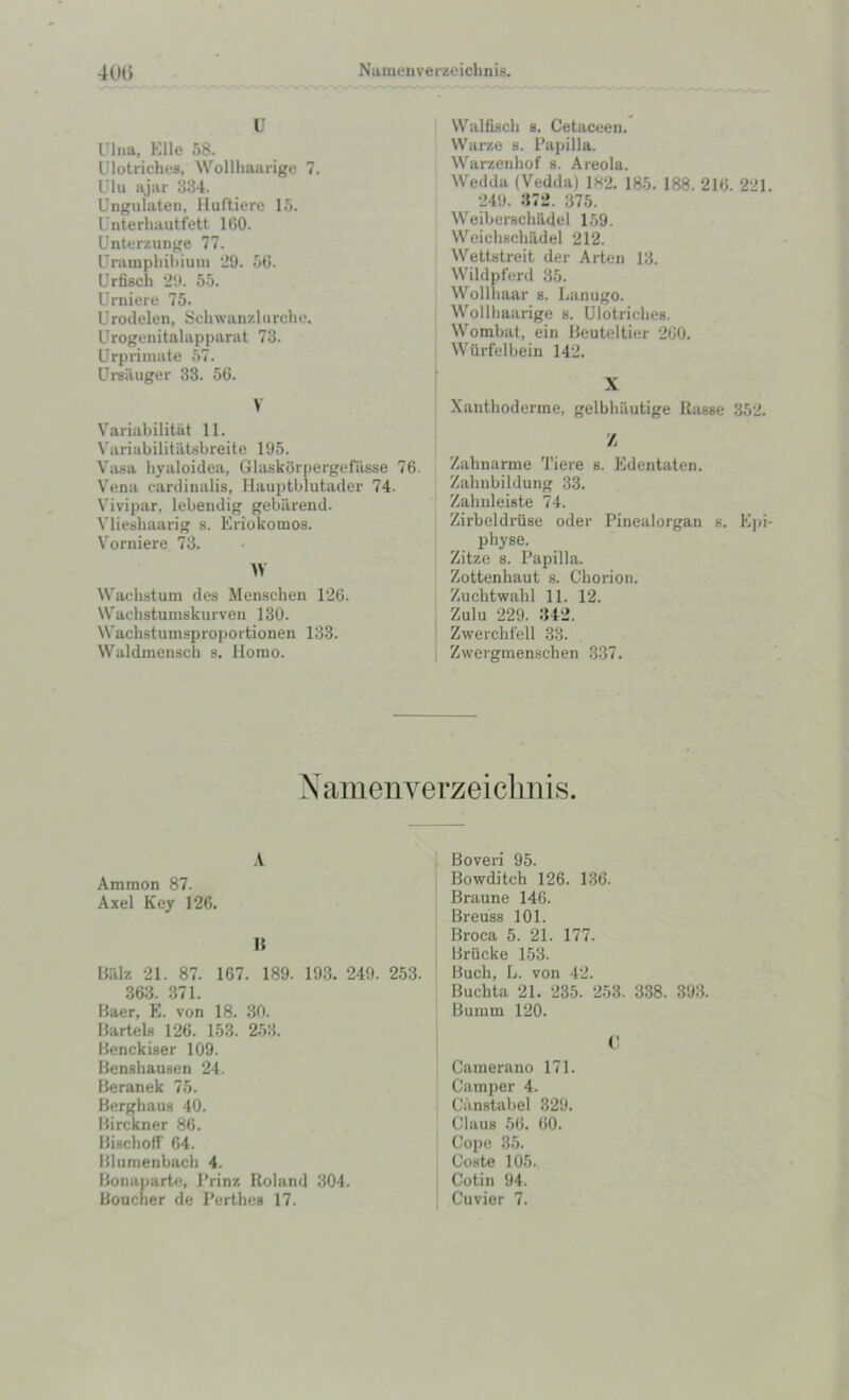 U Ulna, Kile 58. U lot riches, Wollhaarige 7. Ulu ajar 334. Ungulaten, Huftiere 15. Unterhautfett 160. Unterzunge 77. Uramphibium 29. 56. Urfisch 29. 55. Urniere 75. Urodelen, Schwanzlurche. Urogenitalapparat 73. Urprimate 57. Ursauger 33. 56. V Variabilitat 11. Variabilitatsbreite 195. Vasa byaloidea, Glaskorpergefasse 76. Vena cardinalis, Hauptblutader 74. Vivipar, lebendig gebiirend. Vliesbaarig s. Eriokomos. Vorniere 73. IV Wachstum des Menschen 126. Wachstumskurven 130. Wachstuinsproportionen 133. Waldmensch s. Homo. Walfisch s. Cetaceen. Warze s. Papilla. Warzenhof s. Areola. Wedda (Vedda) 182. 185. 188. 216. 221. 249. 372. 375. WeiberschStdel 159. Weichschiidel 212. Wettstreit der Arten 13. Wildpferd 35. Wollhaar s. Lanugo. Wollhaarige s. Ulotriches. Wombat, ein Beuteltier 260. Wiirfelbein 142. X Xanthoderme, gelbbiiutige Rasse 352. Z Zabnarme Tiere b. Edentaten. Zahnbildung 33. Zahnleiste 74. Zirbeldriise oder Pinealorgan s. Epi- physe. Zitze s. Papilla. Zottenhaut s. Chorion. Zuchtwahl 11. 12. Zulu 229. 342. Zwerchfell 33. Zwergmenscben 337. X amenverzeiclmis. A Ammon 87. Axel Key 126. B Balz 21. 87. 167. 189. 193. 249. 253. 363. 371. Baer, E. von 18. 30. Bartels 126. 153. 253. Benckiser 109. Benshausen 24. Beranek 75. Berghaus 40. Birckner 86. Bischoff 64. Blumenbach 4. Bonaparte, Prinz Roland 304. Boucher de Perthes 17. Boveri 95. Bowditch 126. 136. Braune 146. Breuss 101. Broca 5. 21. 177. Briicke 153. Buch, L. von 42. Buchta 21. 235. 253. 338. 393. Bumm 120. Camerano 171. Camper 4. Canstabel 329. Claus 56. 60. Cope 35. Coste 105. Cotin 94. Cuvier 7.