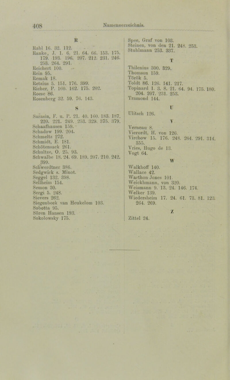 It Kabl 16. 32. 112. Ranke, J. 1. 6. 21. 04. 00. 153. 175. 179. 193. 190. 207. 212. 231. 240. 253. 204. 291. Reichert 100. Rein 95. Remak 18. Retzius 5. 151. 17G. 399. Richer, P. 100. 162. 175. 202. Roese 80. Rosenberg 32. 59. 70. 143. S Sarasin, F. u. P. 21. 40. 100. 183. 187. 220. 221. 249. 253. 329. 375. 379. Schaafhausen 159. Sehadow 199. 204. Sehmeltz 272. Schmidt, E. 181. Schotensaek 201. Schultze, 0 . 25. 93. Schwalbe 18. 24. 09. 189. 207. 210. 242. 399. Schwerdtner 386. Sedgwick s. Minot. Seggel 132. 398. SeUheim 154. Semon 30. Sergi 5. 248. Sievers 262. Siegenbeek van Heukelom 103. Sobotta 95. Soren Hansen 193. Sokolowsky 175. I Spee, Graf von 103. Steinen, von den 21. 248. 253. Stuhlmann 253. 337. T Thilenius 300. 329. Thomson 159. Torok 5. Toldt 86. 120. 141. 217. Topinard 1. 3. 8. 21. 04. 94. 175. 180. 204. 207. 231. 253. Tramond 144. U Ulitsch 126. V Verneau 8. Vierordt, H. von 120. Virchow 15. 176. 248. 204. 291. 314. 355. Vries, Hugo de 13. Vogt 64. Walkhoff 140. Wallace 42. Warthon Jones 101. Weickhmann, von 320. Weismann 9. 13. 24. 146. 174. Welker 139. Wiedersheim 17. 24. 61. 73. 81. 123. 264. 269. Z Zittel 24.