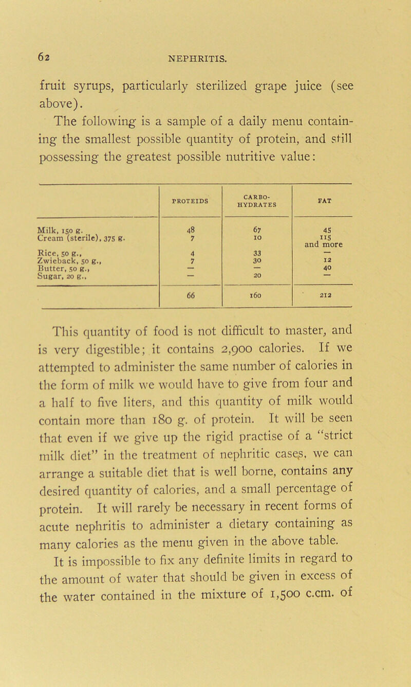 fruit syrups, particularly sterilized grape juice (see above). The following is a sample of a daily menu contain- ing the smallest possible quantity of protein, and still possessing the greatest possible nutritive value: PROTEIDS CARBO- HYDRATES FAT Milk, 150 r. 48 67 45 Cream (sterile), 37s g. 7 10 US and more Rice, so r.. 4 33 — Zwieback, so g., 7 30 12 Butter, 50 r., — — 40 Sugar, 20 g., — 20 “* 66 160 212 This quantity of food is not difficult to master, and is very digestible; it contains 2,900 calories. If we attempted to administer the same number of calories in the form of milk we would have to give from four and a half to five liters, and this quantity of milk would contain more than 180 g. of protein. It will be seen that even if we give up the rigid practise of a “strict milk diet” in the treatment of nephritic caseg, we can arrange a suitable diet that is well borne, contains any desired quantity of calories, and a small percentage of protein. It will rarely be necessary in recent forms of acute nephritis to administer a dietary containing as many calories as the menu given in the above table. It is impossible to fix any definite limits in regard to the amount of water that should be given in excess of the water contained in the mixture of 1,500 c.cm. of