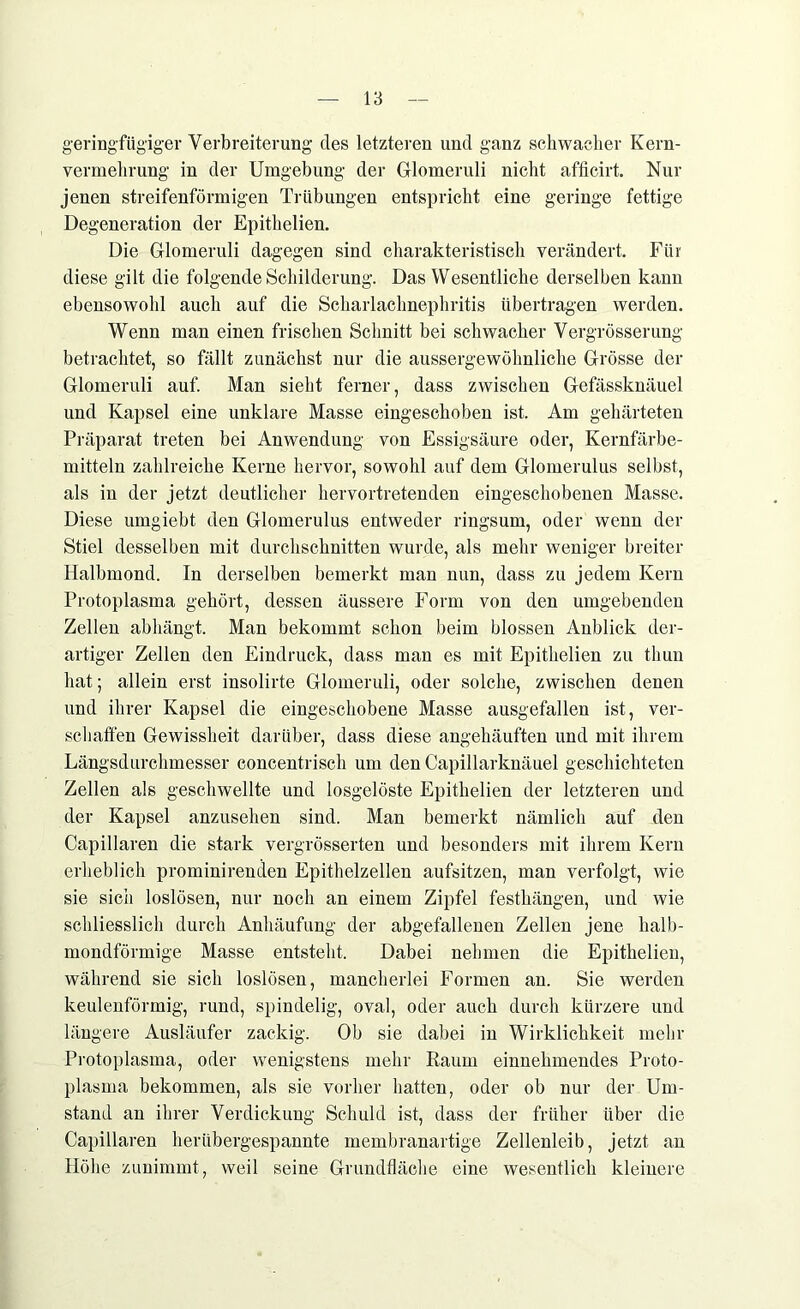 geringfügiger Verbreiterung des letzteren und ganz schwacher Kern- vermehrung in der Umgebung der Glomeruli nicht afficirt. Nur jenen streifenförmigen Trübungen entspricht eine geringe fettige Degeneration der Epithelien. Die Glomeruli dagegen sind charakteristisch verändert. Für diese gilt die folgende Schilderung. Das Wesentliche derselben kann ebensowohl auch auf die Scharlachnephritis übertragen werden. Wenn man einen frischen Schnitt bei schwacher Vergrösserung betrachtet, so fällt zunächst nur die aussergewöhnliche Grösse der Glomeruli auf. Man sieht ferner, dass zwischen Gefässknäuel und Kapsel eine unklare Masse eingeschoben ist. Am gehärteten Präparat treten bei Anwendung von Essigsäure oder, Kernfärbe- mitteln zahlreiche Kerne hervor, sowohl auf dem Glomerulus selbst, als in der jetzt deutlicher hervortretenden eingeschobenen Masse. Diese umgiebt den Glomerulus entweder ringsum, oder wenn der Stiel desselben mit durchschnitten wurde, als mehr weniger breiter Halbmond. In derselben bemerkt man nun, dass zu jedem Kern Protoplasma gehört, dessen äussere Form von den umgebenden Zellen abhängt. Man bekommt schon beim blossen Anblick der- artiger Zellen den Eindruck, dass man es mit Epithelien zu thun hat; allein erst insolirte Glomeruli, oder solche, zwischen denen und ihrer Kapsel die eingeschobene Masse ausgefallen ist, ver- schaffen Gewissheit darüber, dass diese angehäuften und mit ihrem Längsdurchmesser concentrisch um den Capillarknäuel geschichteten Zellen als geschwellte und losgelöste Epithelien der letzteren und der Kapsel anzusehen sind. Man bemerkt nämlich auf den Capillaren die stark vergrösserten und besonders mit ihrem Kern erheblich prominirenden Epithelzellen aufsitzen, man verfolgt, wie sie sich loslösen, nur noch an einem Zipfel festhängen, und wie schliesslich durch Anhäufung der abgefallenen Zellen jene halb- mondförmige Masse entsteht. Dabei nehmen die Epithelien, während sie sich loslösen, mancherlei Formen an. Sie werden keulenförmig, rund, spindelig, oval, oder auch durch kürzere und längere Ausläufer zackig. Ob sie dabei in Wirklichkeit mehr Protoplasma, oder wenigstens mehr Raum einnehmendes Proto- plasma bekommen, als sie vorher hatten, oder ob nur der Um- stand an ihrer Verdickung Schuld ist, dass der früher über die Capillaren herübergespannte membranartige Zellenleib, jetzt an Höhe zunimmt, weil seine Grundfläche eine wesentlich kleinere