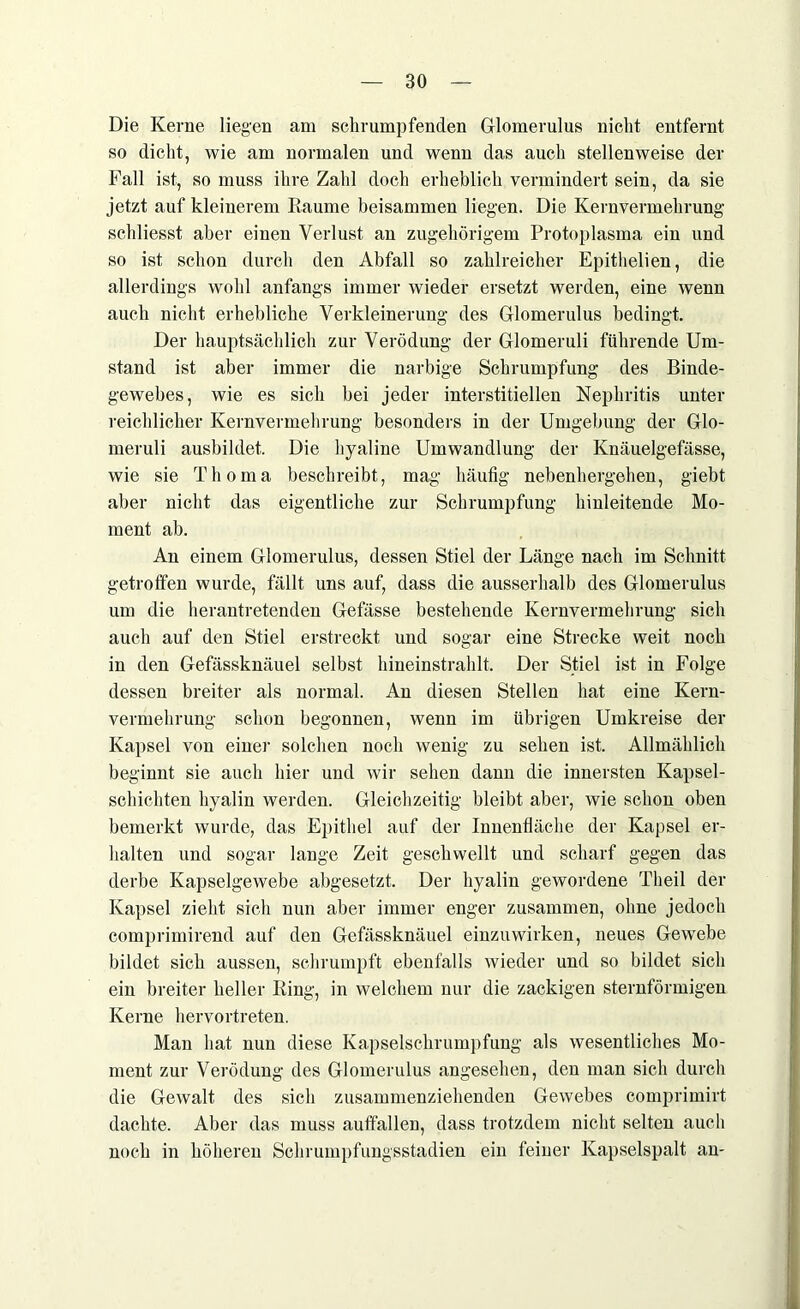 Die Kerne liegen am schrumpfenden Glomerulus nicht entfernt so dicht, wie am normalen und wenn das auch stellenweise der Fall ist, so muss ihre Zahl doch erheblich vermindert sein, da sie jetzt auf kleinerem Raume beisammen liegen. Die Kernvermehrung schliesst aber einen Verlust an zugehörigem Protoplasma ein und so ist schon durch den Abfall so zahlreicher Epithelien, die allerdings wohl anfangs immer wieder ersetzt werden, eine wenn auch nicht erhebliche Verkleinerung des Glomerulus bedingt. Der hauptsächlich zur Verödung der Glomeruli führende Um- stand ist aber immer die narbige Schrumpfung des Binde- gewebes, wie es sich bei jeder interstitiellen Nephritis unter reichlicher Kernvermehrung besonders in der Umgebung der Glo- meruli ausbildet. Die hyaline Umwandlung der Knäuelgefässe, wie sie Thoma beschreibt, mag häufig nebenhergehen, giebt aber nicht das eigentliche zur Schrumpfung hinleitende Mo- ment ab. An einem Glomerulus, dessen Stiel der Länge nach im Schnitt getroffen wurde, fällt uns auf, dass die ausserhalb des Glomerulus um die herantretenden Gefässe bestehende Kernvermehrung sich auch auf den Stiel erstreckt und sogar eine Strecke weit noch in den Gefässknäuel selbst hineinstrahlt. Der Stiel ist in Folge dessen breiter als normal. An diesen Stellen hat eine Kern- vermehrung schon begonnen, wenn im übrigen Umkreise der Kapsel von einer solchen noch wenig zu sehen ist. Allmählich beginnt sie auch hier und wir sehen dann die innersten Kapsel- schichten hyalin werden. Gleichzeitig bleibt aber, wie schon oben bemerkt wurde, das Epithel auf der Innenfläche der Kapsel er- halten und sogar lange Zeit geschwellt und scharf gegen das derbe Kapselgewebe abgesetzt. Der hyalin gewordene Theil der Kapsel zieht sich nun aber immer enger zusammen, ohne jedoch comprimirend auf den Gefässknäuel einzuwirken, neues Gewebe bildet sich aussen, schrumpft ebenfalls wieder und so bildet sich ein breiter heller Ring, in welchem nur die zackigen sternförmigen Kerne hervortreten. Man hat nun diese Kapselschrumpfung als wesentliches Mo- ment zur Verödung des Glomerulus angesehen, den man sich durch die Gewalt des sich zusammenziehenden Gewebes comprimirt dachte. Aber das muss auffallen, dass trotzdem nicht selten auch noch in höheren Schrumpfungsstadien ein feiner Kapselspalt an-