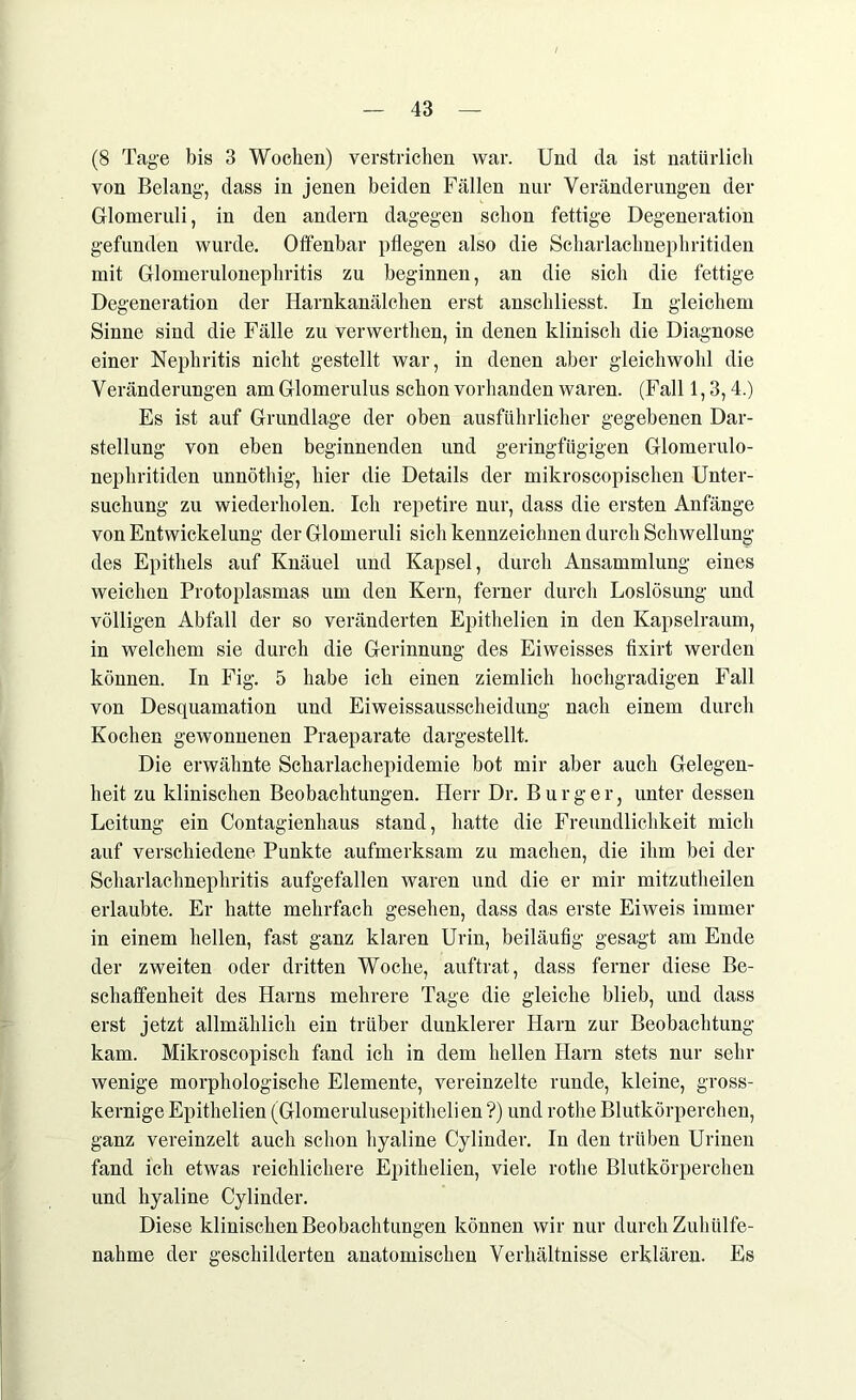 (8 Tage bis 3 Wochen) verstrichen war. Und da ist natürlich von Belang, dass in jenen beiden Fällen nur Veränderungen der Glomeruli, in den andern dagegen schon fettige Degeneration gefunden wurde. Offenbar pflegen also die Scharlachnephritiden mit Glomerulonephritis zu beginnen, an die sich die fettige Degeneration der Harnkanälchen erst anschliesst. In gleichem Sinne sind die Fälle zu verwerthen, in denen klinisch die Diagnose einer Nephritis nicht gestellt war, in denen aber gleichwohl die Veränderungen am Glomerulus schon vorhanden waren. (Fall 1,3,4.) Es ist auf Grundlage der oben ausführlicher gegebenen Dar- stellung von eben beginnenden und geringfügigen Glomerulo- nephritiden unnöthig, hier die Details der mikroscopischen Unter- suchung zu wiederholen. Ich repetire nur, dass die ersten Anfänge von Entwickelung der Glomeruli sich kennzeichnen durch Schwellung des Epithels auf Knäuel und Kapsel, durch Ansammlung eines weichen Protoplasmas um den Kern, ferner durch Loslösung und völligen Abfall der so veränderten Epitlielien in den Kapselraum, in welchem sie durch die Gerinnung des Eiweisses fixirt werden können. In Fig. 5 habe ich einen ziemlich hochgradigen Fall von Desquamation und Eiweissausscheidung nach einem durch Kochen gewonnenen Praeparate dargestellt. Die erwähnte Scharlachepidemie bot mir aber auch Gelegen- heit zu klinischen Beobachtungen. Herr Dr. Burger, unter dessen Leitung ein Contagienhaus stand, hatte die Freundlichkeit mich auf verschiedene Punkte aufmerksam zu machen, die ihm bei der Scharlachnephritis aufgefallen waren und die er mir mitzutheilen erlaubte. Er hatte mehrfach gesehen, dass das erste Eiweis immer in einem hellen, fast ganz klaren Urin, beiläufig gesagt am Ende der zweiten oder dritten Woche, auftrat, dass ferner diese Be- schaffenheit des Harns mehrere Tage die gleiche blieb, und dass erst jetzt allmählich ein trüber dunklerer Harn zur Beobachtung kam. Mikroscopisch fand ich in dem hellen Harn stets nur sein- wenige morphologische Elemente, vereinzelte runde, kleine, gross- kernige Epitlielien (Glomerulusepithelien ?) und rothe Blutkörperchen, ganz vereinzelt auch schon hyaline Cylinder. In den trüben Urinen fand ich etwas reichlichere Epitlielien, viele rothe Blutkörperchen und hyaline Cylinder. Diese klinischen Beobachtungen können wir nur durch Zuhülfe- nahme der geschilderten anatomischen Verhältnisse erklären. Es