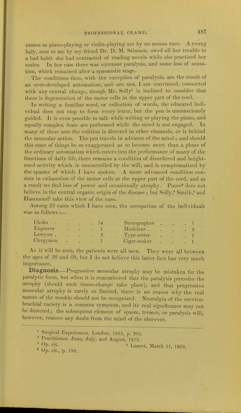 csiusos as piano-playing or violin-playing arc by no means rare. A young lady, sent to me by my friend Dr. D. M. Stinison, owed all her trouble to a bad habit she liad contracted of reading novels while she practised her scales. In her case there was extensor paralysis, and some loss of sensa- tion, wliich remaineil after a spasmodic stage. The conditions then, with the exception of paralysis, are the result of an over-developed automatism, and are not, 1 am convinced, connected with any central change, though Mr. Solly' is inclined to consider that there is degeneration of the motor cells in the upper part of tlie cord. In writing a familiar word, or collection of words, the educated indi- vidual does not stop to form every letter, but the pen is unconsciously guided. It is even possible to talk while writing or playing the piano, and equally complex feats ai-e pertbrmed while the mind is not engaged. In many of these acts the volition is directed in other channels, or is behind the muscular action. The pen travels in advance of the mind ; and should this state of things be so exaggerated as to become more than a phase of the ordinary automatism Avhich enters into the performance, of many of the functions of daily life, there remains a condition of disordered and height- ened activity which is uncontrolled by the will, and is symptomatized by the spasms of which I have spoken. A more advanced condition con- sists in exhaustion of the motor cells at the upper part of the cord, and as a result we find loss of power and occasionally atrophy. Poore'' does not believe in the central organic origin of the disease ; but Solly,* Smith,* and Hammond^ take this view of the case. Among 23 cases which I have seen, the occupation of the individuals was as follows :— Clerks . . . .14 Stenographer . . .1 Engraver ... 1 Musicians . . . .2 Lawyers .... 2 Type-setter . . .1 Clergymen ... 1 Cigar-maker . , ,1 As it will be seen, the patients were all men. They were all between the ages of 30 and 60, but I do not believe this latter fact has very much importance. Diagnosis—Progressive muscular atrophy may be mistaken for the paralytic form, but when it is remembered that the paralysis precedes the atrophy (should such tissue-change take place), and that progressive muscular atrophy is rarely so limited, there is no reason why the real nature of the trouble should not be recognized. Neuralgia of the cervico- brachial variety is a common symptom, and its real significance may not be detected; the subsequent element of spasm, tremor, or paralysis will, however, remove any doubt from the mind of the observer. ' Surgical Experiences, London, 18G5, p. 205. ' Practitioner, June, July, and August, 1873. ' ^P- * Lancet, March 27, 18G9. * Op. cit., p. 790.