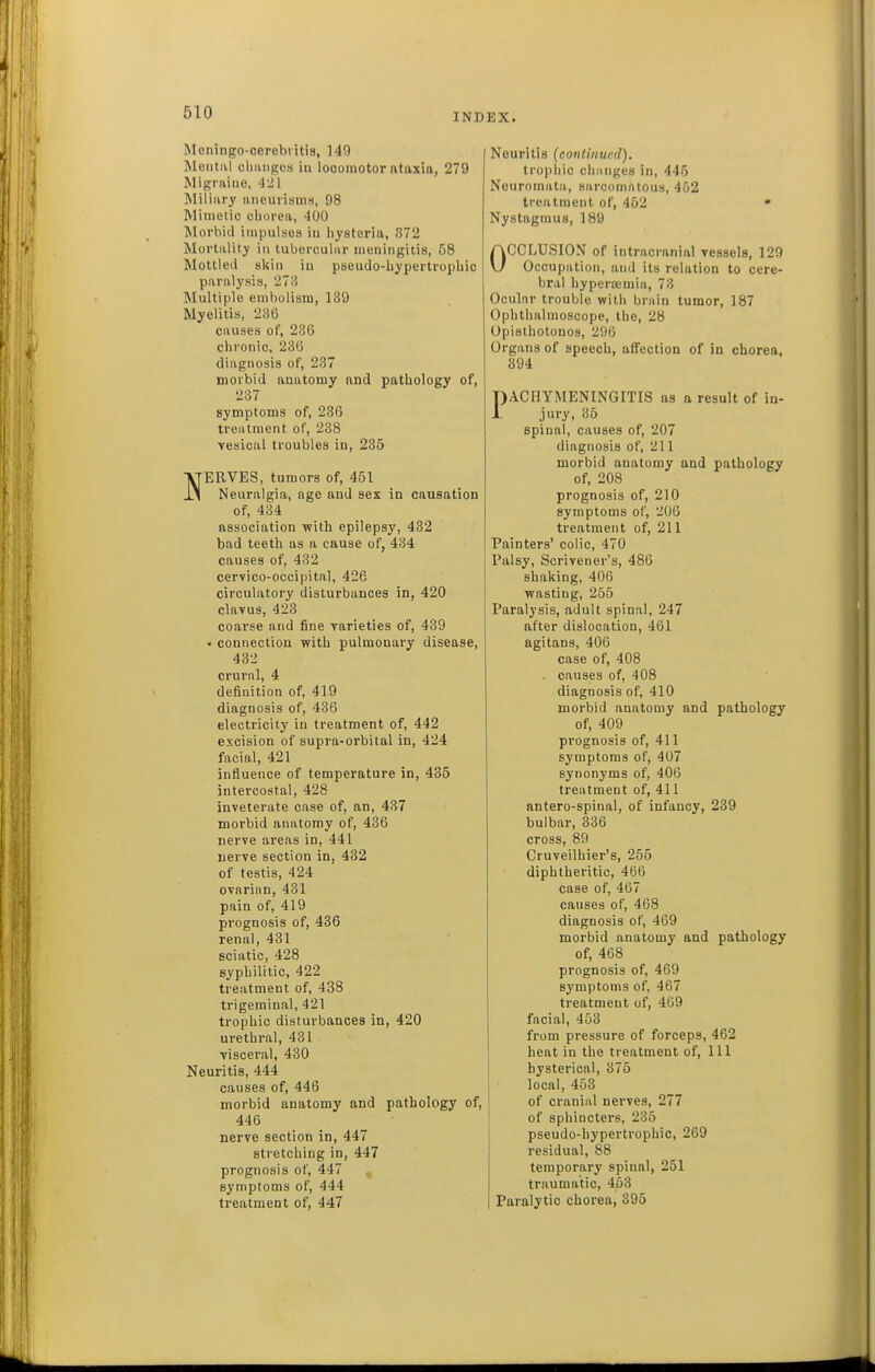 ]\Ieningo-cei'ohi itia, 149 Mentiil cliaiigcs in locomotor ataxia, 279 Migraine, 4:21 Miliary aneurisms, 98 Mimetic chorea, 400 Morbid impulses in hysteria, 372 Mortality in tubercular meningitis, 58 Mottled skin iu pseudo-hypertrophic paralysis, '2'?, Multiple embolism, 139 Myelitis, 236 causes of, 236 chronic, 230 diagnosis of, 237 morbid anatomy and pathology of, 237 symptoms of, 236 treatment of, 238 vesical troubles in, 235 VTERVES, tumors of, 451 1^ Neuralgia, age and sex in causation of, 434 association with epilepsy, 432 bad teeth as a cause of, 434 causes of, 432 cervico-occipital, 426 circulatory disturbances in, 420 clavus, 423 coarse and fine varieties of, 439 • connection with pulmonary disease, 432 crural, 4 definition of, 419 diagnosis of, 436 electricity in treatment of, 442 excision of supra-orbital in, 424 facial, 421 intiuence of temperature in, 435 intercostal, 428 inveterate case of, an, 437 morbid anatomy of, 436 nerve areas in, 441 nerve section in, 432 of testis, 424 ovarian, 431 pain of, 419 prognosis of, 436 renal, 431 sciatic, 428 syphilitic, 422 treatment of, 438 trigeminal, 421 trophic disturbances in, 420 urethral, 431 visceral, 430 Neuritis, 444 causes of, 446 morbid anatomy and pathology of, 446 nerve section in, 447 stretching in, 447 prognosis of, 447 , symptoms of, 444 treatment of, 447 Neuritis (continued). trophic cliMMges in, 445 Neuromata, sarconintous, 452 treatment of, 462 ' Nystagmus, 189 OCCLUSION of intracranial vessels, 129 Occupation, and its relation to cere- bral hyperajmia, 73 Ocular trouble with brain tumor, 187 Ophthalmoscope, the, 28 Opisthotonos, 296 Organs of speech, affection of in chorea, 394 PACHYMENINGITIS as a result of in- jury, 35 spinal, causes of, 207 diagnosis of, 211 morbid anatomy and pathology of, 208 prognosis of, 210 symptoms of, 200 treatment of, 211 Painters' colic, 470 Palsy, Scrivener's, 480 shaking, 406 wasting, 255 Paralysis, adult spinal, 247 after dislocation, 461 agitans, 406 case of, 408 . causes of, 408 diagnosis of, 410 morbid anatomy and pathology of, 409 prognosis of, 411 symptoms of, 407 synonyms of, 406 treatment of, 411 antero-spinal, of infancy, 239 bulbar, 336 cross, 89 Cruveilhier's, 255 diphtheritic, 466 case of, 467 causes of, 468 diagnosis of, 469 morbid anatomy and pathology of, 468 prognosis of, 469 symptoms of, 467 treatment of, 409 facial, 453 from pressure of forceps, 462 heat in the treatment of, 111 hysterical, 375 local, 453 of cranial nerves, 277 of sphincters, 236 pseudo-hypertrophic, 269 residual, 88 temporary spinal, 251 traumatic, 463 Paralytic chorea, 395
