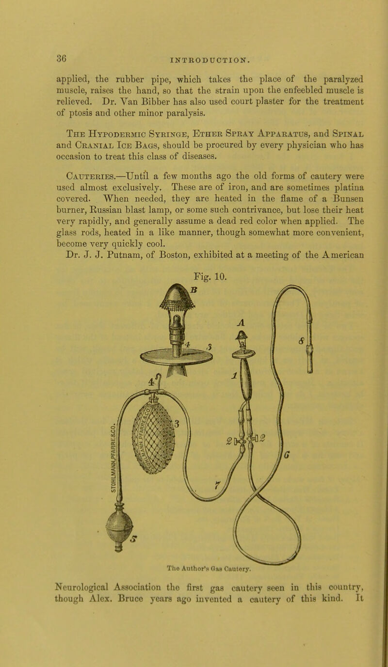 applied, the rubber pipe, which takes the place of the paralyzed muscle, raises the hand, so that the strain upon the enfeebled muscle is relieved. Dr. Van Bibber has also used court plaster for the treatment of ptosis and other minor paralysis. The Hypodermic Syringe, Ether Spray Apparatus, and Spinal and Cranial Ice Bags, should be procured by every physician who has occasion to treat this class of diseases. Cauteries.—Until a few mouths ago the old forms of cautery were used almost exclusively. These are of iron, and are sometimes platina covered. When needed, they are heated in the flame of a Bunsen burner, Russian blast lamp, or some such contrivance, but lose their heat very rapidly, and generally assume a dead red color when applied. The glass rods, heated in a like manner, though somewhat more convenient, become very quickly cool. Dr. J. J. Putnam, of Boston, exhibited at a meeting of the American Fig. 10. Tho Author's Gas Cautery. Neurological Association the first gas cautery seen in this country, though Alex. Bruce years ago invented a cautery of this kind. It