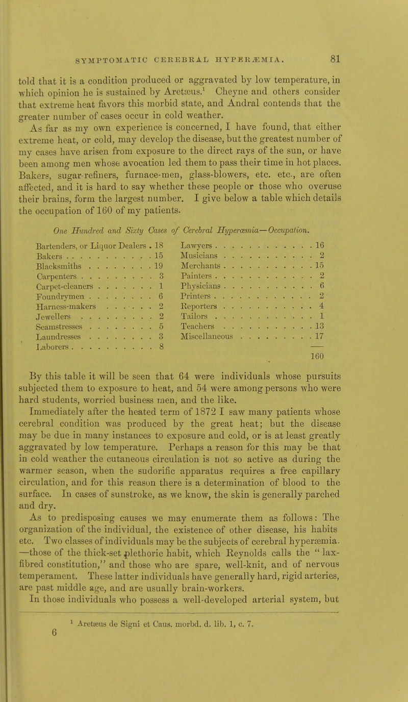 told that it is a conditiou produced or aggravated by low temperature, in which opinion he is sustained by Aretreus/ Cheyue and others consider that extreme heat favors this morbid state, and Andral contends that the ffreater number of cases occur in cold weather. As far as my own experience is concerned, I have found, that either extreme heat, or cold, may develop the disease, but the greatest number of my cases have arisen from exposure to the direct rays of the sun, or have been among men whose avocation led them to pass their time in hot places. Bakers, sugar-refiners, furnace-men, glass-blowers, etc. etc, are often affected, and it is hard to say whether these people or those who overuse their brains, form the largest number. I give below a table which details the occupation of 160 of my patients. One Hundred and Sixty Cases of Cerebral Hypercemia—Ocnipalion. Bartenders, or Liquor Dealers . 18 Bakers 15 Blacksmiths 19 Carpenters 3 Carpet-cleaners 1 Foundrymen 6 Harness-makers 2 Jewellers 2 Seamstresses 5 Laundresses 3 Laborei-s 8 Lawyers 16 Musicians 2 Merchants 15 Painters 2 Physicians 6 Printere 2 Reporters 4 Tailors 1 Teachers 13 Miscellaneous 17 IGO By this table it will be seen that 64 were individuals whose pursuits subjected them to exposure to heat, and 54 were among persons who were hard students, worried business men, and the like. Immediately after the heated term of 1872 I saw many patients whose cerebral condition was produced by the great heat; but the disease may be due in many instances to exposure and cold, or is at least greatly aggravated by low temperature. Perhaps a reason for this may be that in cold weather the cutaneous circulation is not so active as during the warmer season, when the sudorific apparatus requires a free capillary circulation, and for this reason there is a determination of blood to the surface. In cases of sunstroke, as we know, the skin is generally parched and dry. As to predisposing causes we may enumerate them as follows: The organization of the individual, the existence of other disease, his habits etc. Two classes of individuals may be the subjects of cerebral hyperismia. —those of the thick-set plethoric habit, which Reynolds calls the  lax- fibred constitution, and those who are spare, well-knit, and of nervous temperament. These latter individuals have generally hard, rigid arteries, are past middle age, and are usually brain-workers. In those individuals who possess a well-developed arterial system, but * Aretseus de Signi et Cans, morbd. d. lib. 1, c. 7.