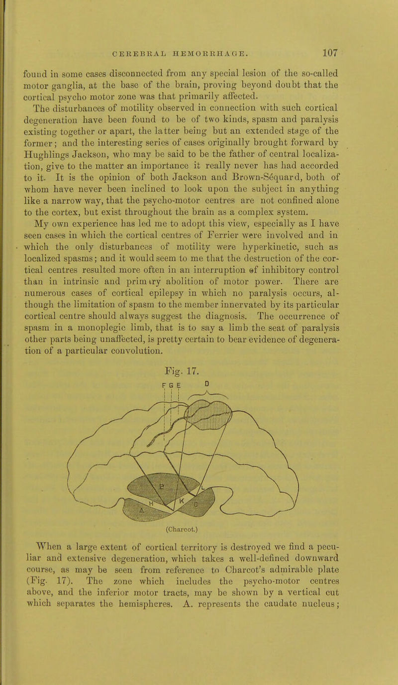 found in some cases disconuected from any special lesion of the so-called motor ganglia, at the base of the brain, proving beyond doubt that the cortical psycho motor zone was that primarily affected. The disturbances of motility observed in connection with such cortical degeneration have been found to be of two kinds, spasm and paralysis existing together or apart, the latter being but an extended stage of the former; and the interesting series of cases originally brought forward by Hughlings Jackson, who may be said to be the father of central localiza- tion, give to the matter an importance it really never has had accorded to it. It is the opinion of both Jackson and Brown-Sequard, both of whom have never been inclined to look upon the subject in anything like a narrow way, that the psycho-motor centres are not confined alone to the cortex, but exist throughout the brain as a complex system. My own experience has led me to adopt this view, especially as I have seen cases in which the cortical centres of Ferrier were involved and in which the only disturbances of motility were hyperkinetic, such as localized spasms; and it would seem to me that the destruction of the cor- tical centres resulted more often in an interruption ©f inhibitory control than in intrinsic and primiry abolition of motor power. There are numerous cases of cortical epilepsy in which no paralysis occurs, al- though the limitation of spasm to the member innervated by its j)articular cortical centre should always suggest the diagnosis. The occurrence of spasm in a monoplegic limb, that is to say a limb the seat of paralysis other parts being unaffected, is pretty certain to bear evidence of degenera- tion of a particular convolution. Fig. 17. (Charcot.) When a large extent of cortical territory is destroyed we find a pecu- liar and extensive degeneration, which takes a well-defined downward course, as may be seen from reference to Charcot's admirable plate (Fig. 17). The zone which includes the psycho-motor centres above, and the inferior motor tracts, may be shown by a vertical cut which separates the hemispheres. A. represents the caudate nucleus;