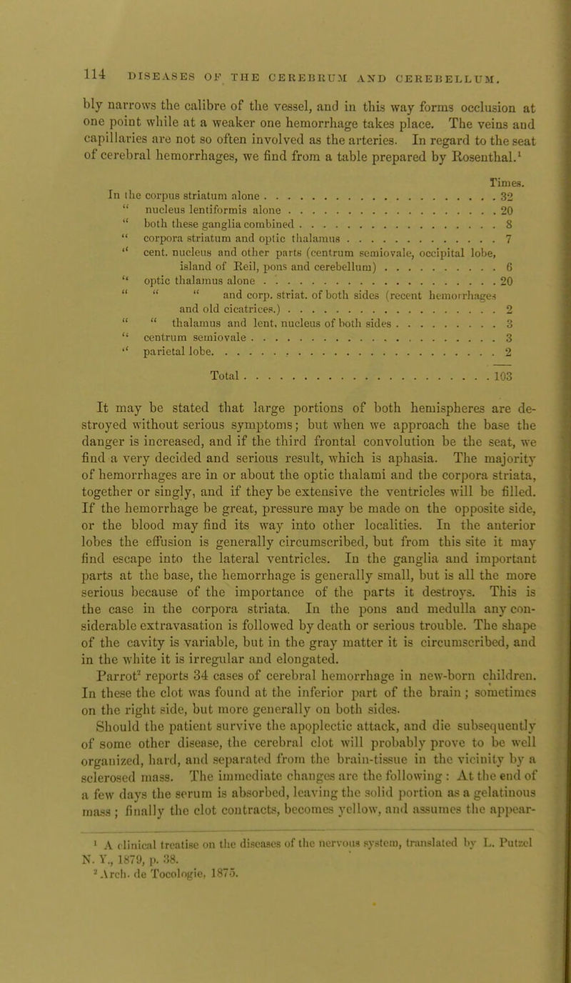 bly narrows the calibre of the vessel, and in this way forms occlusion at one point while at a weaker one hemorrhage takes place. The veins and capillaries are not so often involved as the arteries. In regard to the seat of cerebral hemorrhages, we find from a table prepared by Rosenthal.' rimes. In I he corpus striatum alone 32  nucleus lentiformis alone 20  both tliese ganglia combined 8  corpora striatum and oplic tlialamus 7 '* cent, nucleus and other parts (centrum semiovale, occipital lobe, island of Reil, pons and cerebellum) 6  optic thalamus alone 20    and corp. striat. of both sides (.ivcc ut hcmoirliiigcs and old cicatrices.) 2   thalamus and lent, nucleus of both sides 3  centrum semiovale 3 parietal lobe 2 Total 103 It may be stated that large portions of both hemispheres are de- stroyed without serious symjitoms; but when we approach the base the danger is increased, and if the third frontal convolution be the seat, we find a very decided and serious result, which is aphasia. The majority of hemorrhages are in or about the optic thalami and the corpora striata, together or singly, and if they be extensive the ventricles will be filled. If the hemorrhage be great, pressure may be made on the opposite side, or the blood may find its way into other localities. In the anterior lobes the effusion is generally circumscribed, but from this site it may find escape into the lateral ventricles. In the ganglia and important parts at the base, the hemorrhage is generally small, but is all the more serious because of the importance of the parts it destroys. This is the case iu the corpora striata. In the pons and medulla any con- siderable extravasation is followed by death or serious trouble. The shape of the cavity is variable, but in the gray matter it is circumscribed, and in the white it is irregular and elongated. Parrot'^ reports 34 cases of cerebral hemorrhage in new-born children. In these the clot was found at the inferior part of the brain ; sometimes on the right side, but more generally on both sides. Should the patient survive the apoplectic attack, and die subsequently of some other disease, the cerebral clot will probably prove to be well organized, hard, and separated from the brain-tissue in the vicinity by a sclerosed mass. The immediate changes are the following : At the end of a few days the serum is absorbed, leaving the solid portion as a gelatinous mass ; finally the clot contracts, becomes yellow, and assumes the appear- ' A clinical treatise on the di-seases of the nervoiH system, translated by L. Putzcl N. Y., 1879, p. 38. ' Arch, de Tocologie, 1875.