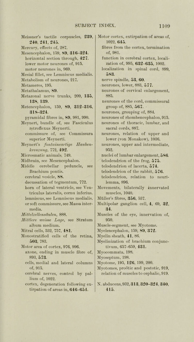 Meissner’s tactile corpuscles, 230. 240, 241, 245. Mercury, effects of, 287. Mesencephalon, 159, SO, 310-324. horizontal section through, 427. lower motor neurones of, 915. motor neurones in, 969. Mesial fillet, see Lemniscus medialis. Metabolism of neurones, 217. Metameres, 195. Metathalamus, 80. Metazonal nerve trunks, 209, 135, 138, 130. Metencephalon, 159, SO, 312-310, 318-324. pyramidal fibres in, SO, 981, 990. Meynert, bundle of, see Fasciculus retroflex us Meynerti. commissure of, see Commissura superior Meynerti. Meynert’s fontaineartige Hauben- kreuzung, 772, 402. Microsmatic animals. 749. Midbrain, see Mesencephalon. Middle cerebellar peduncle, see Brachium pontis. cerebral vesicle, 88. decussation of tegmentum, 772. horn of lateral ventricle, see Ven- triculus lateralis, cornu inferius. lemniscus, see Lemniscus medialis. or soft commissure, see Massa inter- media. Mittelzellensaulen, 888. Mittlere weisse Lage, see Stratum album medium. Mitral cells, 532, 757, 481. Monostratified cells of the retina, 503, 783. Motor area of cortex, 976, 996. axone, ending in muscle fibre of, 893, 573. cells, medial and lateral columns of, 915. cerebral nerves, control by pal- lium of, 1022. cortex, degeneration following ex- tirpation of areas in, 646-654. Motor cortex, extirpation of areas of, 1022, 645. fibres from the cortex, termination of, 981. function in cerebral cortex, locali- zation of, 995, 632-635, 1002. localization in spinal cord, 899, 583. nerve spindle, 53, 60. .neurones, lower, 883, 577. neurones of cervical enlargement, 885. neurones of the cord, commissural group of, 885, 567. - neurones, grouping of, 884. neurones of rhombencephalon, 915. neurones of thoracic, lumbar, and sacral cords, 887. neurones, relation of upper and lower (von Monakow), 1036. neurones, upper and intermediate, 952. nuclei of lumbar enlargement, 586. telodendrion of the frog, 575. telodendrion of lacerta, 574. telodendrion of the rabbit, 576. telodendrion, relation to neuri- lemma, 896. Movements, bilaterally innervated muscles, 1040. Muller’s fibres, 356, 537. Multipolar ganglion cell, 4, 69, 32, 34. Muscles of the eye, innervation of, 950. Muscle-segment, see Myotome. Myelencephalon, 159, 89, 372. Myelin sheath, 41, 86. Myelinization of brachium conjunc- tivum, 657-659, 431. Myocommata, 198. Myoseptum, 198. Myotome, 195, 126, 199, 200. Mvotomes, prootic and postotic, 919, relation of muscles to cephalic, 919. N. abducens, 932,313,320-324, 340, 415.