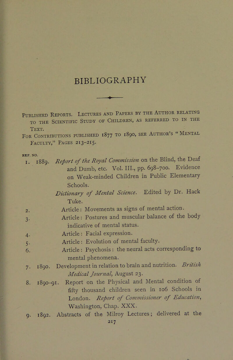BIBLIOGRAPHY Published Reports. Lectures and Papers by the Author relating to the Scientific Study of Children, as referred to in the Text. For Contributions published 1877 to 1890, see Authors “Mental Faculty,” Pages 213-215. REF. NO. 1. 1889. Report of the Royal Commission on the Blind, the Deaf and Dumb, etc. Vol. III., pp. 698-700. Evidence on Weak-minded Children in Public Elementary Schools. Dictionary of Mental Science. Edited by Dr. Hack Tuke. 2. Article: Movements as signs of mental action. 3. Article: Postures and muscular balance of the body indicative of mental status. 4. Article: Facial expression. c. Article: Evolution of mental faculty. 6. Article : Psychosis : the neural acts corresponding to mental phenomena. 7. 1890. Development in relation to brain and nutrition. British Medical Journal, August 23. 8. 1890-91. Report on the Physical and Mental condition of fifty thousand children seen in 106 Schools in London. Report of Commissioner of Education, Washington, Chap. XXX. 9. 1892. Abstracts of the Milroy Lectures; delivered at the