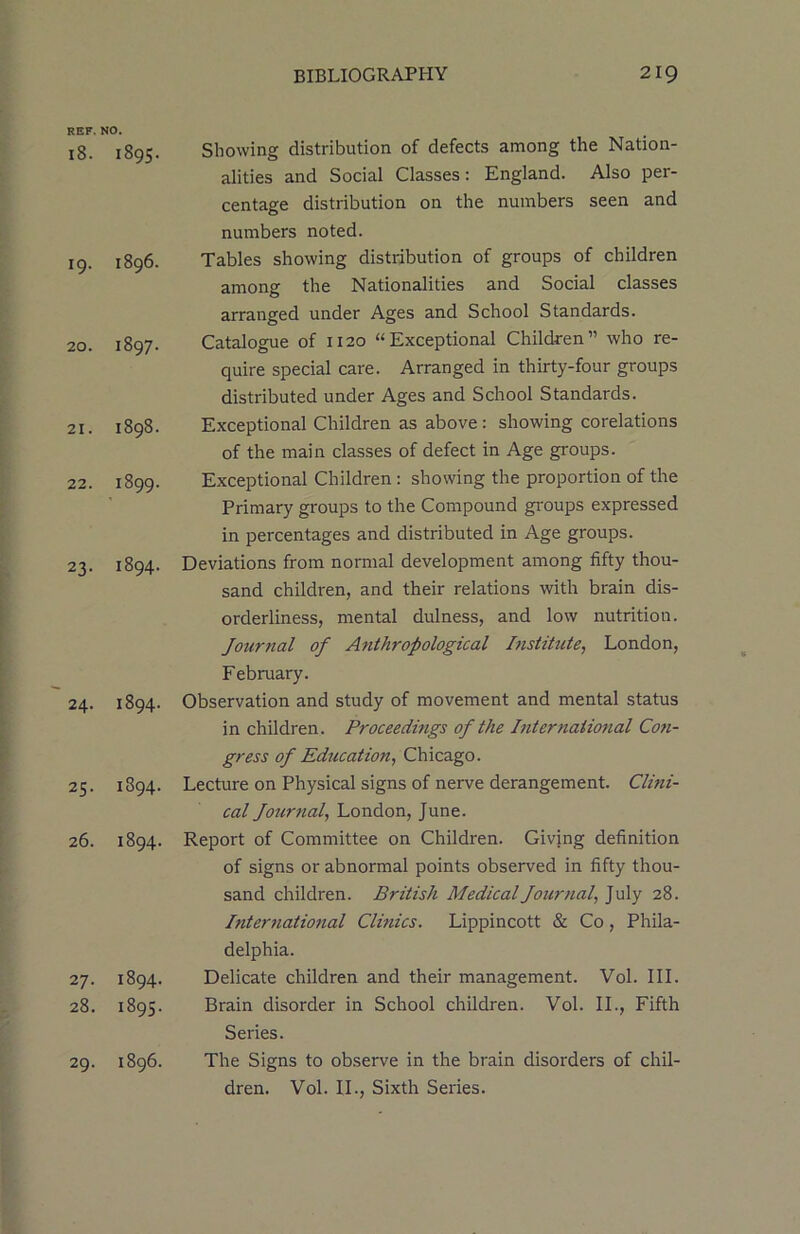 REF. NO. 18. I895. 19. I896. 20. 1897. 21. 1898. 22. 1899. 23. 1894. 24. 1894. 25. 1894. 26. 1894. 27. 1894. 28. 1895. 29. 1896. Showing distribution of defects among the Nation- alities and Social Classes: England. Also per- centage distribution on the numbers seen and numbers noted. Tables showing distribution of groups of children among the Nationalities and Social classes arranged under Ages and School Standards. Catalogue of 1120 “Exceptional Children11 who re- quire special care. Arranged in thirty-four groups distributed under Ages and School Standards. Exceptional Children as above: showing corelations of the main classes of defect in Age groups. Exceptional Children : showing the proportion of the Primary groups to the Compound groups expressed in percentages and distributed in Age groups. Deviations from normal development among fifty thou- sand children, and their relations with brain dis- orderliness, mental dulness, and low nutrition. Journal of Anthropological Institute, London, February. Observation and study of movement and mental status in children. Proceedings of the Inter national Con- gress of Education, Chicago. Lecture on Physical signs of nerve derangement. Clini- cal Journal, London, June. Report of Committee on Children. Giving definition of signs or abnormal points observed in fifty thou- sand children. British Medical Journal, July 28. International Clbiics. Lippincott & Co, Phila- delphia. Delicate children and their management. Vol. III. Brain disorder in School children. Vol. II., Fifth Series. The Signs to observe in the brain disorders of chil- dren. Vol. II., Sixth Series.