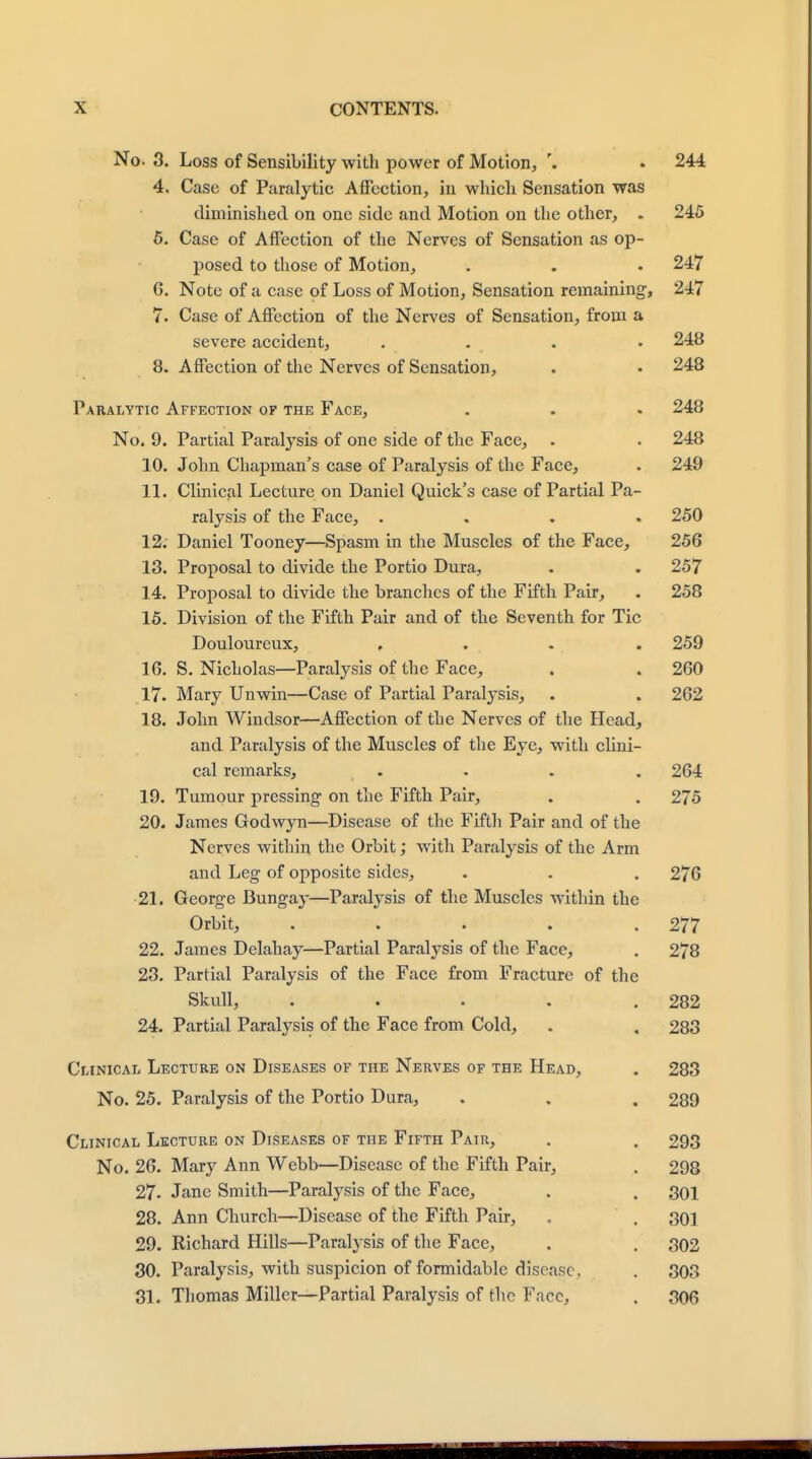 No. 3. Loss of Sensibility with power of Motion, . 244 4. Case of Paralytic Affection, in which Sensation was diminished on one side and Motion on the other, . 245 5. Case of Affection of the Nerves of Sensation as op- posed to those of Motion, . . . 247 6. Note of a case of Loss of Motion, Sensation remaining, 247 7. Case of Affection of the Nerves of Sensation, from a severe accident, .... 248 8. Affection of the Nerves of Sensation, . • 248 Paralytic Affection of the Face, . . . 248 No. 9. Partial Paralysis of one side of the Face, . . 248 10. John Chapman's case of Paralysis of the Face, . 249 11. Clinical Lecture on Daniel Quick's case of Partial Pa- ralysis of the Face, .... 250 12. Daniel Tooney—Spasm in the Muscles of the Face, 256 13. Proposal to divide the Portio Dura, . . 257 14. Proposal to divide the branches of the Fifth Pair, . 258 15. Division of the Fifth Pair and of the Seventh for Tic Douloureux, .... 259 16. S. Nicholas—Paralysis of the Face, , . 260 17. Mary Unwin—Case of Partial Paral}-sis, . . 262 18. John Windsor—Affection of the Nerves of the Head, and Paralysis of the Muscles of the Eye, with clini- cal remarks, .... 264 19. Tumour pressing on the Fifth Pair, . . 275 20. James Godwyn—Disease of the Fifth Pair and of the Nerves within the Orbit; with Paralysis of the Arm and Leg of opposite sides, . . . 276 21. George Bungay—Paralysis of the Muscles within the Orbit, ..... 277 22. James Delahay—Partial Paralysis of the Face, . 278 23. Partial Paralysis of the Face from Fracture of the Skull, ..... 282 24. Partial Paralysis of the Face from Cold, . , 283 Clinical Lecture on Diseases of the Nerves of the Head, . 283 No. 25. Paralysis of the Portio Dura, . . . 289 Clinical Lecture on Diseases of the Fifth Pair, . . 293 No. 26. Mary Ann Webb—Disease of the Fifth Pair, . 298 27- Jane Smith—Paralysis of the Face, . . 301 28. Ann Church—Disease of the Fifth Pair, . . 301 29. Richard Hills—Paralysis of the Face, . . 302 30. Paralysis, with suspicion of formidable disease. . 303 31. Thomas Miller—Partial Paralysis of the Face, . 306