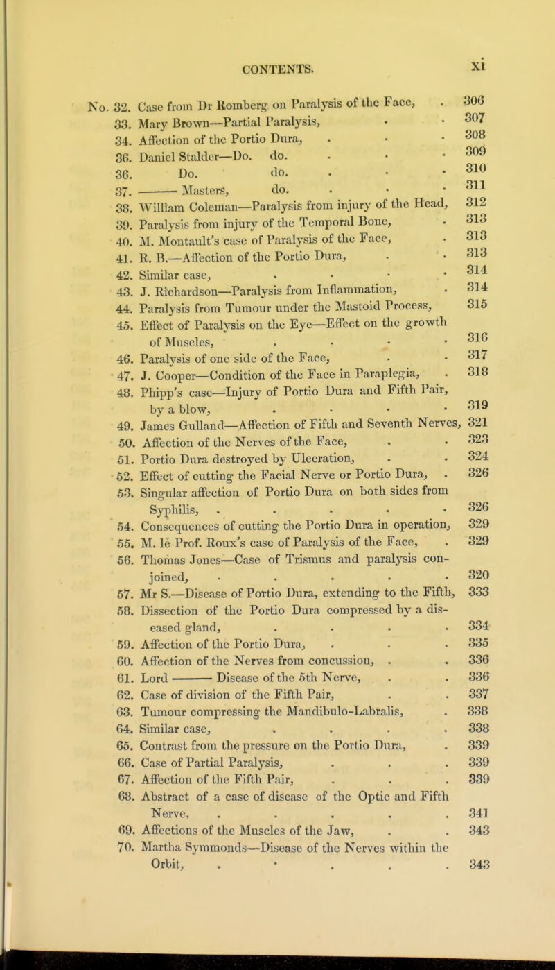 No. 32. Case from Dr Romberg on Paralysis of the Face, . 306 33. Mary Brown—Partial Paralysis, • .307 34. Affection of the Portio Dura, . • .308 36. Daniel Stalder—Do. do. . • .309 36. Do. do. • • 310 37. Masters, do. . • .311 38. William Coleman—Paralysis from injury of the Head, 312 39. Paralysis from injury of the Temporal Bone, . 313 40. M. Montault's case of Paralysis of the Face, . 313 41. R. B.—Affection of the Portio Dura, . .313 42. Similar case, . 314 43. J. Richardson—Paralysis from Inflammation, . 314 44. Paralysis from Tumour under the Mastoid Process, 315 45. Effect of Paralysis on the Eye—Effect on the growth of Muscles, . • • .316 46. Paralysis of one side of the Face, . • 317 • 47. J. Cooper—Condition of the Face in Paraplegia, . 318 48. Phipp's case—Injury of Portio Dura and Fifth Pair, by a blow, . 319 49. James Gulland—Affection of Fifth and Seventh Nerves, 321 50. Affection of the Nerves of the Face, . . 323 51. Portio Dura destroyed by Ulceration, . • 324 52. Effect of cutting the Facial Nerve or Portio Dura, . 326 53. Singular affection of Portio Dura on both sides from Syphilis, . . . - .326 54. Consequences of cutting the Portio Dura in operation, 329 55. M. le Prof. Roux's case of Paralysis of the Face, . 329 56. Thomas Jones—Case of Trismus and paralysis con- joined, ..... 320 57. Mr S.—Disease of Portio Dura, extending to the Fifth, 333 58. Dissection of the Portio Dura compressed by a dis- eased gland, .... 334 59. Affection of the Portio Dura, . . • 335 60. Affection of the Nerves from concussion, . . 336 61. Lord Disease of the 5th Nerve, . . 336 62. Case of division of the Fifth Pair, . . 337 63. Tumour compressing the Mandibulo-Labralis, . 338 64. Similar case, .... 338 65. Contrast from the pressure on the Portio Dura, . 339 66. Case of Partial Paralysis, . . . 339 67. Affection of the Fifth Pair, . . .339 68. Abstract of a case of disease of the Optic and Fifth Nerve, ..... 341 69. Affections of the Muscles of the Jaw, . . 343 70. Martha Symmonds—Disease of the Nerves within the Orbit, . • . . .343