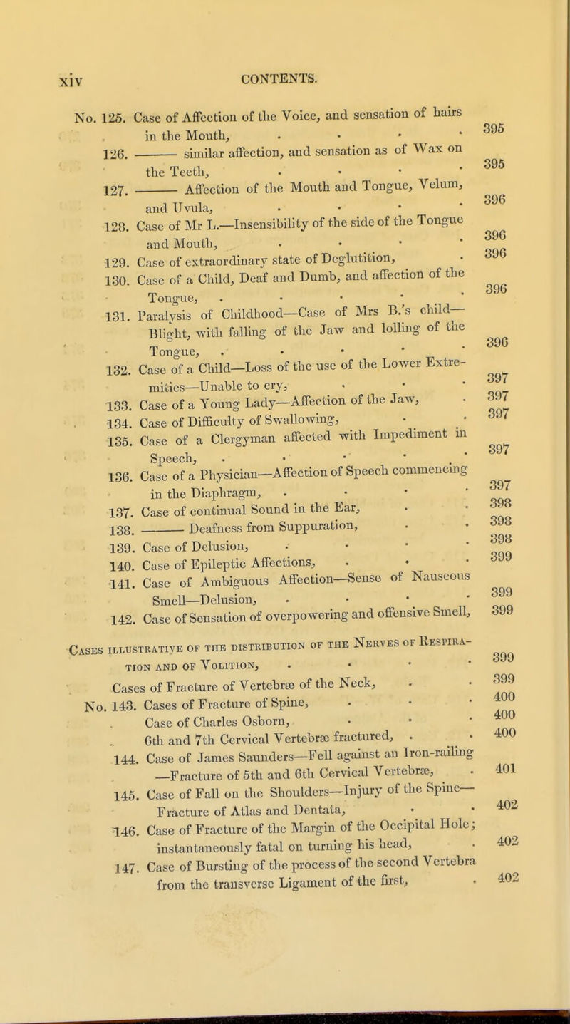 No. 125. Case of Affection of the Voice, and sensation of hairs in the Mouth, . 126. similar affection, and sensation as of Wax on the Teeth, • ' 127. Affection of the Mouth and Tongue, Velum, and Uvula, 128. Case of Mr L.—Insensibility of the side of the Tongue and Mouth, 129. Case of extraordinary state of Deglutition, 130. Case of a Child, Deaf and Dumb, and affection of the Tongue, •**.,* 131. Paralysis of Childhood—Case of Mrs B.'s child- Blight, with falling of the Jaw and lolling of the Tongue, . 132. Case of a Child—Loss of the use of the Lower Extre- mities—Unable to cry, 133. Case of a Young Lady—Affection of the Jaw, 134. Case of Difficulty of Swallowing, 135. Case of a Clergyman affected with Impediment m Speech, . • ■ ' p 136. Case of a Physician—Affection of Speech commencing in the Diaphragm, 137. Case of continual Sound in the Ear, 138. Deafness from Suppuration, 139. Case of Delusion, 140. Case of Epileptic Affections, •141. Case of Ambiguous Affection—Sense of Nauseous Smell—Delusion, **.« 142. Case of Sensation of overpowering and offensive Smell, 399 Cases illustrative of the distribution of the Nerves of Respira tion and of volition, Cases of Fracture of Vertebra of the Neck, No. 143. Cases of Fracture of Spine, Case of Charles Osborn, 6th and 7th Cervical Vertebra; fractured, . • 400 144. Case of James Saunders—Fell against an Iron-railing —Fracture of 5th and 6th Cervical Vertebra, . 401 145. Case of Fall on the Shoulders—Injury of the Spine- Fracture of Atlas and Dentata, • • 402 146. Case of Fracture of the Margin of the Occipital Hole; instantaneously fatal on turning his head, . 402 147. Case of Bursting of the process of the second Vertebra from the transverse Ligament of the first, 395 395 396 396 396 396 396 397 397 397 397 397 398 398 398 399 399 399 399 400 400 402