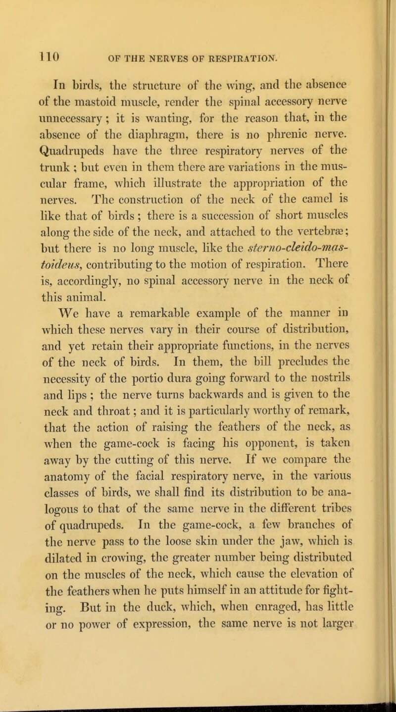 In birds, the structure of the wing, and the absence of the mastoid muscle, render the spinal accessory nerve unnecessary; it is wanting, for the reason that, in the absence of the diaphragm, there is no phrenic nerve. Quadrupeds have the three respiratory nerves of the trunk ; but even in them there are variations in the mus- cular frame, which illustrate the appropriation of the nerves. The construction of the neck of the camel is like that of birds ; there is a succession of short muscles along the side of the neck, and attached to the vertebrae; but there is no long muscle, like the sterno-cleido-mas- toideus, contributing to the motion of respiration. There is, accordingly, no spinal accessory nerve in the neck of this animal. We have a remarkable example of the manner in which these nerves vary in their course of distribution, and yet retain their appropriate functions, in the nerves of the neck of birds. In them, the bill precludes the necessity of the portio dura going forward to the nostrils and lips ; the nerve turns backwards and is given to the neck and throat; and it is particularly worthy of remark, that the action of raising the feathers of the neck, as when the game-cock is facing his opponent, is taken away by the cutting of this nerve. If we compare the anatomy of the facial respiratory nerve, in the various classes of birds, we shall find its distribution to be ana- logous to that of the same nerve in the different tribes of quadrupeds. In the game-cock, a few branches of the nerve pass to the loose skin under the jaw, which is dilated in crowing, the greater number being distributed on the muscles of the neck, which cause the elevation of the feathers when he puts himself in an attitude for fight- ing. But in the duck, which, when enraged, has little or no power of expression, the same nerve is not larger
