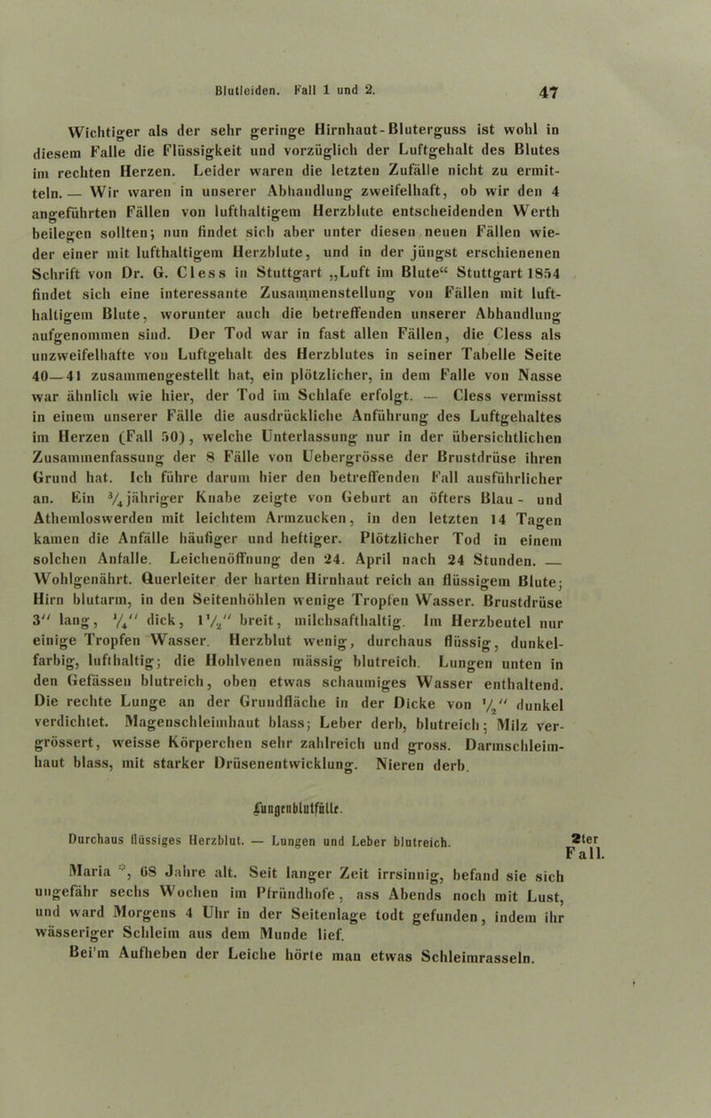 Wichtiger als der sehr geringe Hirnhaut-Bluterguss ist wohl in diesem Falie die Fliissigkeit und vorziiglich der Luftgelialt des Blutes im rechten Herzen. Leider waren die letzten Zufalle niclit zu ermit- teln. — Wir waren in unserer Abliandlung zweifelliaft, ob wir den 4 angefiihrten Fallen von lufthaltigem Herzblute entsclieidenden Werth beilegen sollten; nun findet sicb aber unter diesen neuen Fallen wie- der einer mit lufthaltigem Herzblute, und in der jiingst erschienenen Schrift von Dr. G. Cless in Stuttgart „Luft im Blute“ Stuttgart 1854 findet sicb eine interessante Zusainmenstellung von Fallen mit luft- haltigem Blute, worunter auch die betreffenden unserer Abbandlung aufgenommen sind. Der Tod war in fast alien Fallen, die Cless als unzweifelhafte von Luftgelialt des Herzblutes in seiner Tabelle Seite 40—41 zusammengestellt hat, ein plotzlicher, in dem Falle von Nasse war ahnlich wie bier, der Tod im Scblafe erfolgt. — Cless vermisst in einem unserer Falle die ausdriickliche Anfiihrung des Luftgelmltes im Herzen (Fall 50) , welche Unterlassung nur in der ubersichtlichen Zusaminenfassung der 8 Falle von Uebergrosse der Brustdriise ihren Grund hat. Icb fiihre darum bier den betreffenden Fall ausfuhrlicher an. Ein 3/4jahriger Knabe zeigte von Geburt an ofters Blau- und Athemloswerden mit leichtein Arinzucken, in den letzten 14 Tagen kainen die Anfalle baufiger und beftiger. Plotzlicher Tod in einem solchen Anfalle. Leichenoffnung den 24. April nach 24 Stunden. Wohlgenahrt. ftuerleiter der harten Hirnhaut reich an fliissigem Blute; Hirn blutarm, in den Seitenhohlen wenige Tropfen Wasser. Brustdriise 3 lang, l/J‘ dick, 1V2 breit, milcbsaftbaltig. Im Herzbeutel nur einige Tropfen Wasser. Herzblut wenig, durcbaus fliissig, dunkel- farbig, lufthaltig; die Hoblvenen massig blutreicb. Lungen unten in den Gefassen blutreicb, oben etwas scbaumiges Wasser enthaltend. Die recbte Lunge an der Grundfiiiche in der Dicke von '/ “ dunkel verdicbtet. Magenscbleimbaut biass; Leber derb, blutreicb: Milz ver- grbssert, weisse Korpercben selir zahlreich und gross. Darmscbleim- liaut blass, mit starker Driisenentwicklung. Nieren derb. Xunflcnblutfnllr. Durchaus flussiges Herzblut. — Lungen und Leber blutreich. 8ter Fall. [Maria , 08 Jahre alt. Seit langer Zeit irrsinnig, befand sie sich ungefahr seclis Woclien im Pfriindhofe, ass Abends nocli mit Lust, und ward Morgens 4 Uhr in der Seitenlage todt gefunden, indem ibr wasseriger Scbleim aus dem Munde lief. Lei in Aufheben der Leiclie borte man etwas Schleimrasseln.