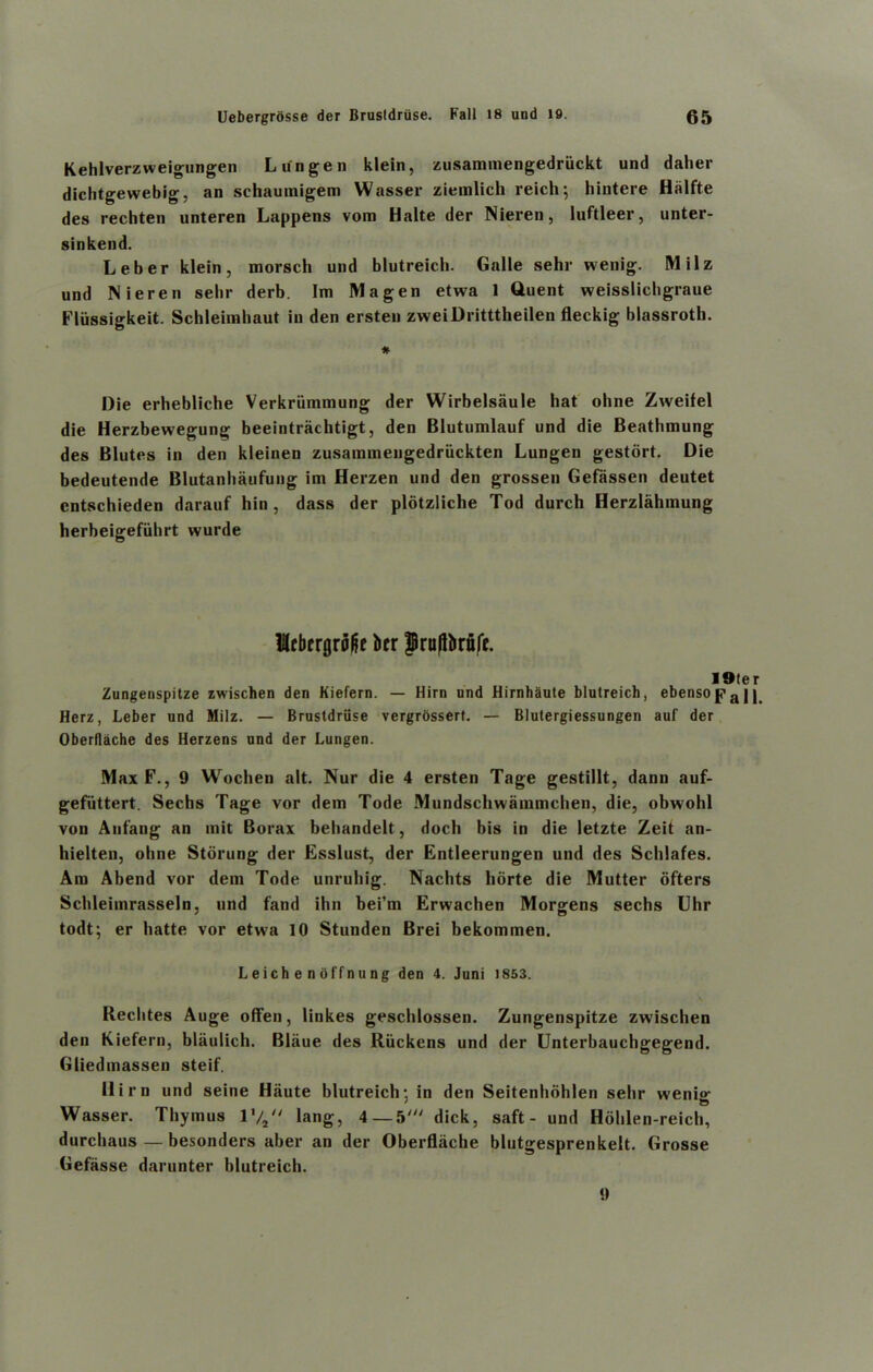 Kehlverzweigungen L ungen klein, zusammengedriickt und daher dichtgewebig, an schaumigem Wasser ziemlich reich; hintere Halfte des rechten unteren Lappens vom Halte der Nieren, luftleer, unter- sinkend. Leber klein, morsch und blutreich. Galle sehr wenig. Milz und Nieren selir derb. Im Magen etwa 1 duent weisslichgraue Fliissigkeit. Schleimhaut in den ersten zweiDritttheilen fleckig blassroth. * Die erhebliche Verkriimmung der Wirbelsaule hat ohne Zweifel die Herzbewegung beeintrachtigt, den Blutumlauf und die Beathmung des Blutes in den kleinen zusammengedriickten Lungen gestort. Die bedeutende Blutanbaufung im Herzen und den grossen Gefassen deutet cntschieden darauf hin , dass der plotzliche Tod durch Herzlahmung herbeigefiibrt wurde lilfbergro^e ber JlruJUiriife. I9ter Zungenspitze zwischen den Kiefern. — Him nnd Hirnhaute blutreich, ebensojpajj Herz, Leber und Milz. — Brustdriise vergrbssert. — Blutergiessungen auf der Oberflache des Herzens und der Lungen. MaxF., 9 Wochen alt. Nur die 4 ersten Tage gestillt, dann auf- gefuttert. Sechs Tage vor dem Tode Mundschwammchen, die, obwohl von Aufang an mit Borax bebandelt, doch bis in die letzte Zeit an- hielten, ohne Storung der Esslust, der Entleerungen und des Schlafes. Am Abend vor dem Tode unruhig. Nachts horte die Mutter ofters Schleimrasseln, und fand ihn bei’m Erwachen Morgens sechs Uhr todt; er batte vor etwa 10 Stunden Brei bekommen. Leich e n offnung den 4. Juni 1853. Rechtes Auge ofFen, linkes gescblossen. Zungenspitze zwischen den Kiefern, blaulich. Blaue des Riickens und der Unterbauchgegend. Gliedmassen steif. Him und seine Haute blutreich; in den Seitenhohlen sehr wenig Wasser. Thymus V/t“ lang, 4 —5/y/ dick, saft - und Hohlen-reich, durchaus — besonders aber an der Oberflache blutgesprenkeit. Grosse Gefasse damn ter blutreich. 9