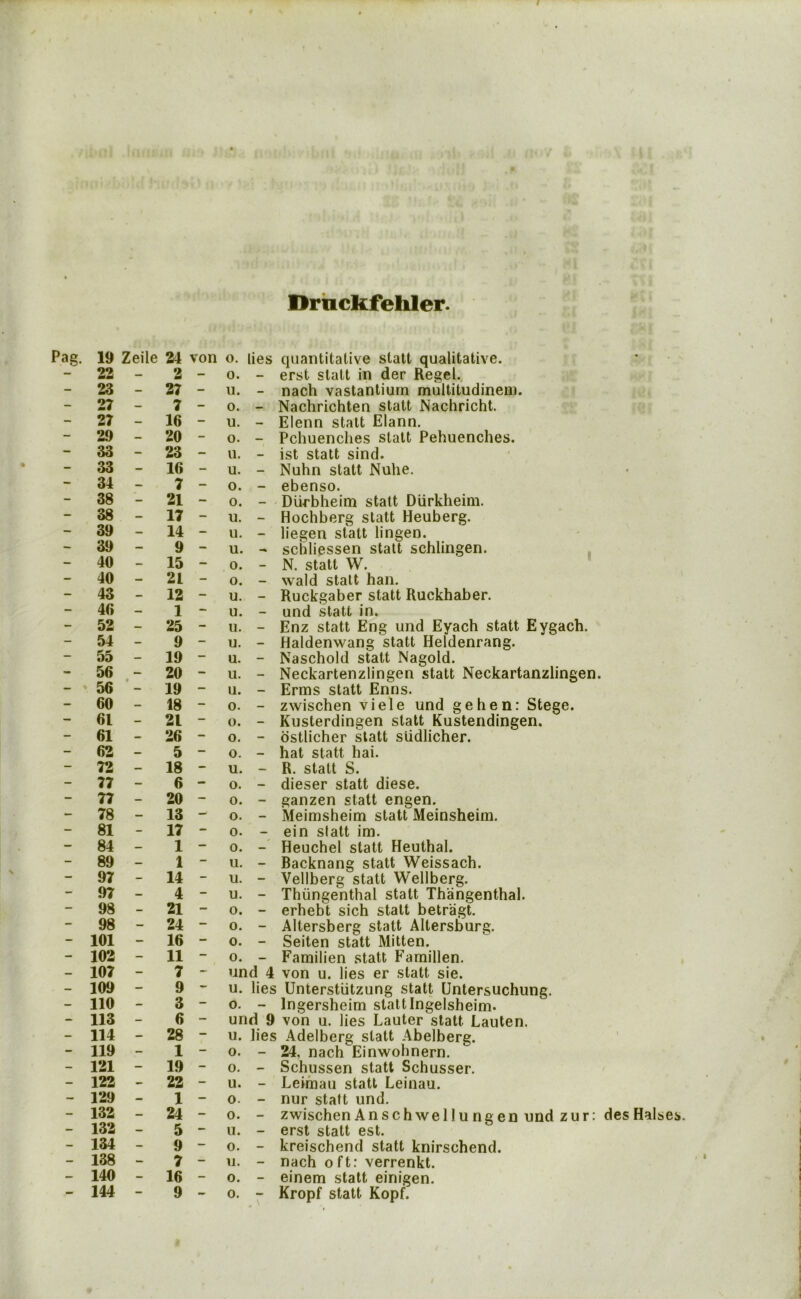 Drnckfehler. Pag. 19 Zeile 24 von o, lies - 22 — 2 - 0. - - 23 — 27 - 11. - - 27 — 7 - 0. - - 27 — 16 - u. - - 29 — 20 - o. - - 33 - 23 — u. - - 33 — 16 — u. - - 34 — 7 — 0. - - 38 - 21 — 0. - - 38 — 17 — u. - - 39 — 14 — u. - — 39 — 9 - u. - - 40 — 15 - 0. - - 40 — 21 - 0. - - 43 - 12 - u. - - 40 — 1 - u. - - 52 — 25 - u. - - 54 — 9 - u. - - 55 — 19 - u. - - 56 20 - u. - « 56 - 19 - u. - - 60 — 18 - 0. - - 61 — 21 - o. - - 61 - 26 - 0. - - 62 — 5 - 0. - - 72 — 18 - u. - - 77 - 6 - o. - - 77 — 20 - o. - - 78 — 13 - o. - - 81 - 17 - 0. - - 84 — 1 - 0. - 89 — 1 - u. - - 97 - 14 - u. - - 97 — 4 - u. - - 98 — 21 - 0. - - 98 - 24 - 0. - - 101 - 16 - 0. - - 102 - 11 - 0. - — 107 - 7 - und 4 — 109 - 9 u. lies 0. - — 110 - 3 - - 113 — 6 - und 9 - 114 — 28 - u. lies - 119 — 1 - 0. - - 121 - 19 - 0. - - 122 - 22 - u. - — 129 — 1 — 0. - - 132 — 24 — 0. - - 132 — 5 - u. - - 134 — 9 - 0. - — 138 — 7 - u. - — 140 — 16 — 0. - - 144 - 9 — 0. - quantitative statt qualitative, erst statt in der Regel. nach vastantiurn multitudineiu. Nachrichten statt Nachricht. Elenn statt Elann. Pchuenches statt Pehuenches. ist statt sind. Nuhn statt Nuhe. ebenso. Diirbheim statt Diirkheim. Hochberg statt Heuberg. liegen statt lingen. sciiliessen statt schlingen. , N. statt W. wald statt han. Ruckgaber statt Ruckhaber. und statt in. Enz statt Eng und Eyach statt Eygach. Haldenwang statt Heldenrang. Naschold statt Nagold. Neckartenzlingen statt Neckartanzlingen. Erms statt Enns. zwischen viele und gehen: Stege. Kusterdingen statt Kustendingen. dstlicher statt siidlicher. hat statt hai. R. statt S. dieser statt diese. ganzen statt engen. Meimsheim statt Meinsheim. ein slatt im. Heuchel statt Heuthal. Backnang statt Weissach. Vellberg statt Wellberg. Thiingenthal statt Thangenthal. erhebt sich statt betragt. Altersberg statt Altersburg. Seiten statt Mitten. Familien statt Famillen. von u. lies er statt sie. Unterstiitzung statt Untersuchung. Ingersheim stattIngelsheim. von u. lies Lauter slatt Lauten. Adelberg statt Abelberg. 24, nach Einwohnern. Schussen statt Schusser. Leimau statt Leinau. nur statt und. zwischen Anschwellungen und zur: desHalses, erst statt est. kreischend statt knirschend. nach oft: verrenkt. einem stall einigen. Kropf statt Kopf.