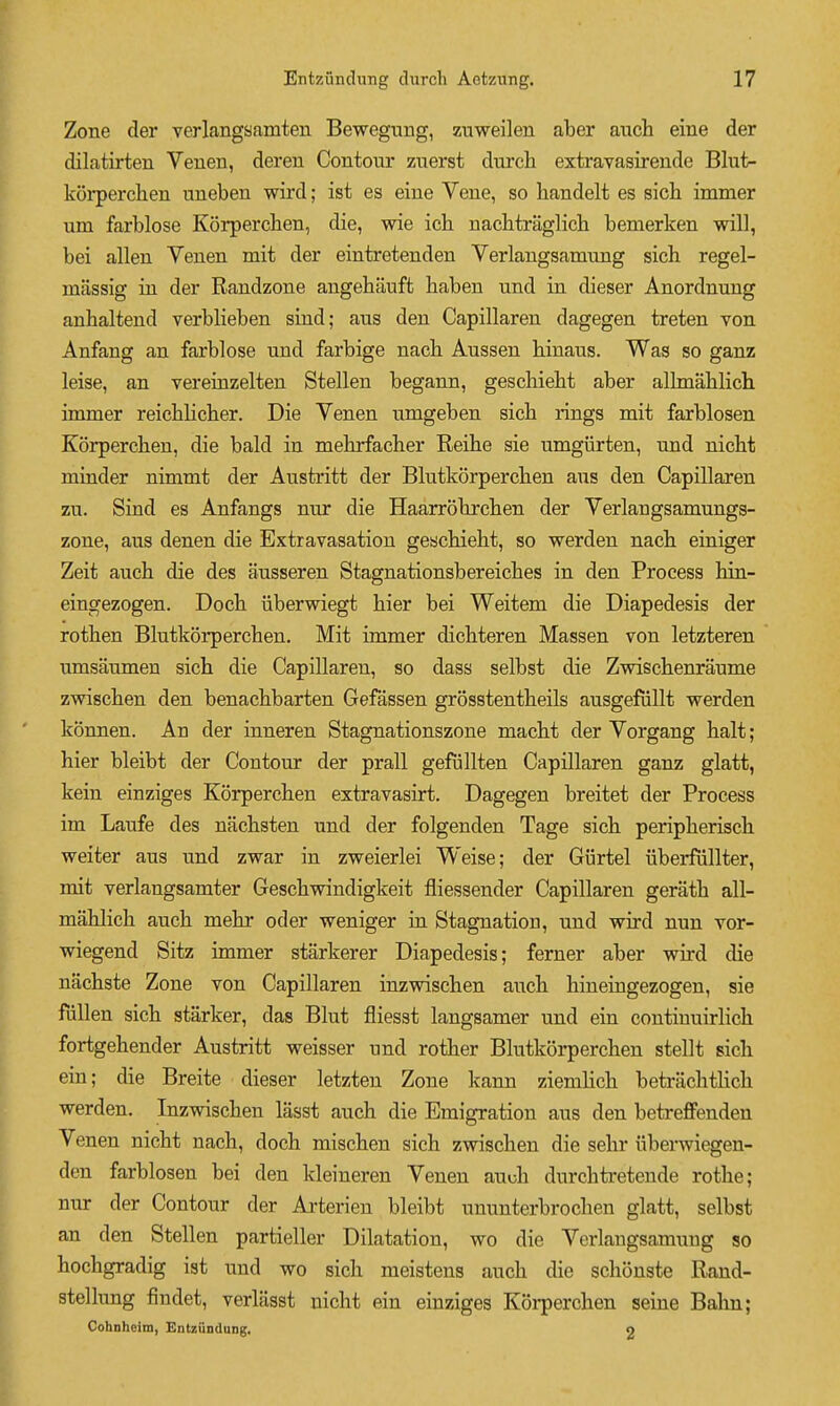 Zone der verlangsamten Bewegung, zuweilen aber auch eine der dilatirten Veuen, deren Contour zuerst durch extravasireude Blut- korperchen uneben wird; ist es eine Vene, so liandelt es sich immer um farblose Korperclien, die, wie ich. nacbtraglich bemerken will, bei alien Venen mit der eintretenden Verlangsamung sich regel- massig in der Randzone angehfiuft haben und in dieser Anordnung anhaltend verblieben sind; aus den Capillaren dagegen treten von Anfang an farblose und farbige nach Aussen hinaus. Was so ganz leise, an vereinzelten Stellen begann, geschieht aber albnahlich immer reichlicher. Die Yenen umgeben sich rings mit farblosen Korperchen, die bald in mehrfacher Reihe sie umgiirten, und nicht minder nimmt der Austritt der Blutkorperchen aus den Capillaren zu. Sind es Anfangs nur die Haarrohrchen der Verlangsamungs- zone, aus denen die Extravasation geschieht, so werden nach eiuiger Zeit auch die des ausseren Stagnationsbereiches in den Process hin- eingezogen. Doch iiberwiegt hier bei Weitem die Diapedesis der rothen Blutkorperchen. Mit immer dichteren Massen von letzteren umsaumen sich die Capillaren, so dass selbst die Zwischenraume zwischen den benachbarten Gefassen grosstentheils ausgefiillt werden konnen. An der inneren Stagnationszone macht der Vorgang halt; hier bleibt der Contour der prall gefullten Capillaren ganz glatt, kein einziges Korperchen extravasirt. Dagegen breitet der Process im Laufe des nachsten und der folgenden Tage sich peripherisch weiter aus und zwar in zweierlei Weise; der Giirtel iiberfullter, mit verlangsamter Geschwindigkeit fliessender Capillaren gerath all- mahlich auch mehr oder weniger in Stagnation, und wird nun vor- wiegend Sitz immer starkerer Diapedesis; ferner aber wird die nachste Zone von Capillaren inzwischen auch hineingezogen, sie fiillen sich starker, das Blut fliesst langsamer und ein continuirlich fortgehender Austritt weisser und rother Blutkorperchen stellt sich ein; die Breite dieser letzten Zone kann ziemhch betrachthch werden. Inzwischen lasst auch die Emigration aus den betreffenden Venen nicht nach, doch mischen sich zwischen die sehr iiberwiegen- den farblosen bei den kleineren Venen auuh durchtretende rothe; nur der Contour der Ai-terien bleibt ununterbrochen glatt, selbst an den Stellen partieller Dilatation, wo die Verlangsamung so hochgradig ist und wo sich meistens auch die schbuste Rand- stelhmg findet, verlasst nicht ein einziges Koi-perchen seine Bahn; Cohnhcim, Entziindung, 2