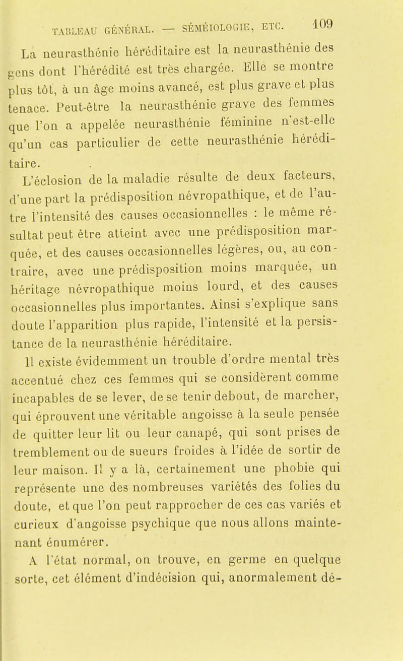 La neurasthénie héréditaire est la neurasthénie des gens dont rhérédité est très chargée. Elle se montre plus tôt, à un âge moins avancé, est plus grave et plus tenace. Peut-être la neurasthénie grave des femmes que l'on a appelée neurasthénie féminine n'est-ellc qu'un cas particulier de celte neurasthénie hérédi- taire. L'éclosion de la maladie résulte de deux facteurs, d'une part la prédisposition névropathique, et de l'au- tre l'intensité des causes occasionnelles : le même ré- sultat peut être atteint avec une prédisposition mar- quée, et des causes occasionnelles légères, ou, au con- traire, avec une prédisposition moins marquée, un héritage névropathique moins lourd, et des causes occasionnelles plus importantes. Ainsi s'explique sans doute l'apparition plus rapide, l'intensité et la persis- tance de la neurasthénie héréditaire. Il existe évidemment un trouble d'ordre mental très accentué chez ces femmes qui se considèrent comme ■incapables de se lever, de se tenir debout, de marcher, qui éprouvent une véritable angoisse à la seule pensée de quitter leur lit ou leur canapé, qui sont prises de tremblement ou de sueurs froides à l'idée de sortir de leur maison. Il y a là, certainement une phobie qui représente une des nombreuses variétés des folies du doute, et que l'on peut rapprocher de ces cas variés et curieux d'angoisse psychique que nous allons mainte- nant énumérer, A l'état normal, on trouve, en germe en quelque sorte, cet élément d'indécision qui, anormalement dé-