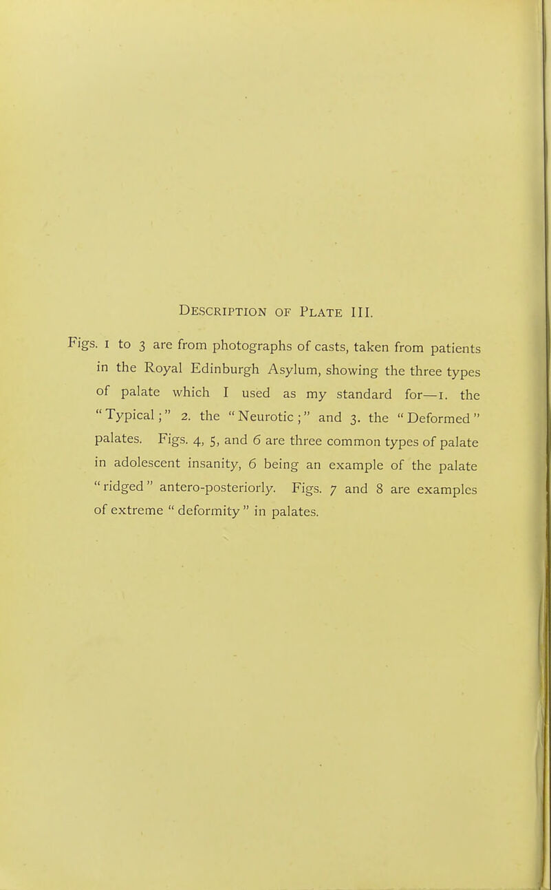 Figs. I to 3 are from photographs of casts, taken from patients in the Royal Edinburgh Asylum, showing the three types of palate which I used as my standard for— i. the Typical; 2. the Neurotic; and 3. the Deformed palates. Figs. 4, 5, and 6 are three common types of palate in adolescent insanity, 6 being an example of the palate ridged antero-posteriorly. Figs. 7 and 8 are examples of extreme  deformity  in palates.