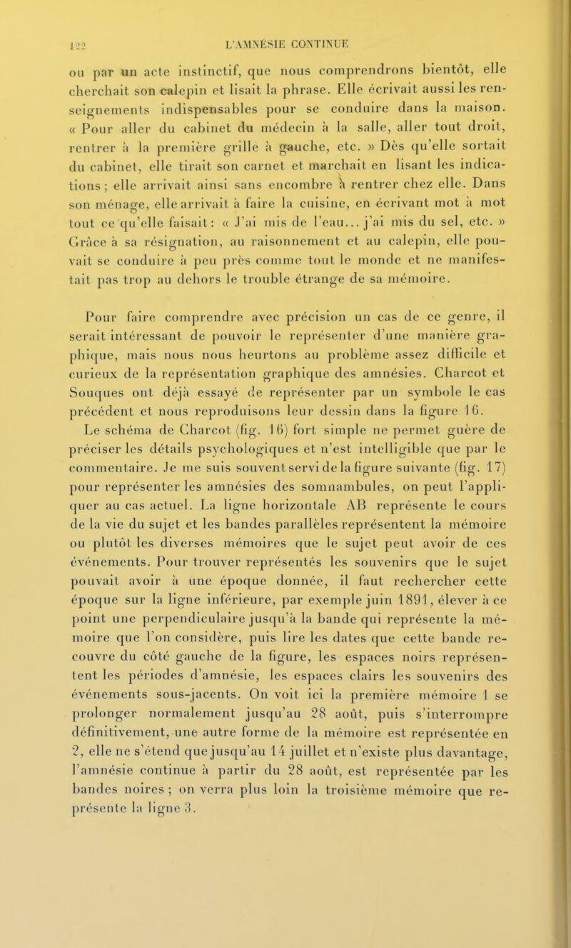 OU par un acte instinctif, que nous comprendrons bientôt, elle cherchait son calepin et lisait la phrase. Elle écrivait aussi les ren- seignements indispensables pour se conduire dans la maison. « Pour aller du cabinet du médecin à la salle, aller tout droit, rentrer à la première grille à gauche, etc. » Dès qu'elle sortait du cabinet, elle tirait son carnet et marchait en lisant les indica- tions ; elle arrivait ainsi sans encombre a rentrer chez elle. Dans son ménage, elle arrivait à faire la cuisine, en écrivant mot ;i mot tout ce qu'elle faisait: « J'ai mis de l'eau... j'ai mis du sel, etc. » Grâce à sa résignation, au raisonnement et au calepin, elle pou- vait se conduire à peu près comme tout le monde et ne manifes- tait pas trop au dehors le trouble étrange de sa mémoire. Pour faire comprendre avec précision un cas de ce genre, il serait intéressant de pouvoir le représenter d'une manière gra- phique, mais nous nous heurtons au problème assez difficile et curieux de la représentation graphique des amnésies. Charcot et Souques ont déjà essayé de représenter par un symbole le cas précédent et nous reproduisons leur dessin dans la figure 16. Le schéma de Charcot (fig. 16) fort simple ne permet guère de préciser les détails psychologiques et n'est intelligible que par le commentaire. Je me suis souvent servi de la figure suivante (fig. 17) pour représenter les amnésies des somnambules, on peut l'appli- quer au cas actuel. La ligne horizontale AB représente le cours de la vie du sujet et les bandes parallèles représentent la mémoire ou plutôt les diverses mémoires que le sujet peut avoir de ces événements. Pour trouver représentés les souvenirs que le sujet pouvait avoir à une époque donnée, il faut rechercher cette époque sur la ligne inférieure, par exemple juin 1891, élever à ce point une perpendiculaire jusqu'à la bande qui représente la mé- moire que l'on considère, puis lire les dates que cette bande re- couvre du côté gauche de la figure, les espaces noirs représen- tent les périodes d'amnésie, les espaces clairs les souvenirs des événements sous-jacents. On voit ici la première mémoire 1 se prolonger normalement jusqu'au 28 août, puis s'interrompre définitivement, une autre forme de la mémoire est représentée en 2, elle ne s'étend que jusqu'au 14 juillet et n'existe plus davantage, l'amnésie continue à partir du 28 août, est représentée par les bandes noires ; on verra plus loin la troisième mémoire que re- présente la ligne 3.