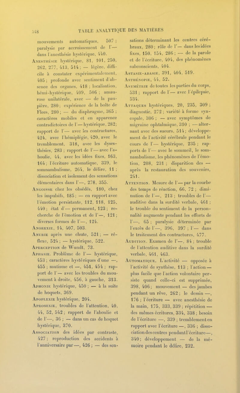 .-j48 table ANALYTIQ mouvements automatiques, 507 ; paralysie par accroissement de 1 — dans l'anesthésie hystérique, -'i'iO. Anesthésie hystérique, 81, 101, 250, 262, 277, 413, 514 ; — légère, dilli- cile à constater expérimentalement, 405 ; profonde avec sentiment d'ab- sence des organes, 418 ; localisation, hémi-hystérique, 409, 506 ; aniau- rose unilatérale, avec — de la pau- pière, 280 ; expérience de la boîte de Fiées, 280; — du diaphragme, 365 ; caractères mobiles et en apparence contradictoires de 1'—hystérique, 282; rapport de 1'— avec les contractures, 424, avec l'hémiplégie, 420, avec le tremblement, 318, avec les dyses- Ihésies, 283 ; rapport de F— avec l'a- boulie, 44, avec les idées fixes, 163, 164; l'écriture automatique, 339, le somnambulisme, 264, le délire, 11 ; dissociation et isolement des sensations élémentaires dans 1' —, 278, 355. Angoisse chez les obsédés, 180, chez les impulsifs, 185; — en rapport avec l'émotion persistante, 112, 118, 125, 440; état d'— permanent, 123; re- cherche de l'émotion et de 1' —, 121 ; diverses formes de 1'—, 124. Anorexie, 14, 407, 503. Anukie après une chute, 521 ; — ré- flexe, 524 ; — hystérique, 522. Aperception de Wundt, 73. Aphasie. Problème de 1'— hystérique, 453 ; caractères hystériques d'une —, 455 ; mutisme et —, 451, 454 ; rap- port do r— avec les troubles du mou- vement à droite, 456, à gauche, 313. Aphonie hystérique, 450 ; — à la suite de hoquets, 369. Apoplexie hystérique, 204. Aprosexie, troubles de l'attention, 40, 44, 52, 542 ; rapport de l'aboulie et de r—, 36 ; — dans un cas de hoquet hystérique, 370. Association des idées par contraste, 427 ; reproduction des accidents à l'anniversaire par—, 426 ; — des sen- L DES MATIÈRES sations déterminant les centres céré- braux, 280; rôle de 1'— danslesidées fixes, 150, 154, 286 ; — de la parole et de l'écriture, 404, des phénomènes subconscients, 404. Astasie-abasie, 391, 404, 519. asthénopie, 44, 52. Asymétrie de toutes les parties du corps, 531 ; rapport de 1'— avec l'épilepsie, 534. Attaques hystériques, 20, 235, 309 ; diagnostic, 272 ; variété à forme syn- copale, 306 ; — avec symptômes de migraine ophtalmique, 310 ; —alter- nant avec des sueurs, 514; développe- ment de l'activité cérébrale pendant le cours de 1'— hystérique, 235 ; rap- ports de r— avec le sommeil, le som- nambulisme, les phénomènes de l'émo- tion, 208, 231 ; disparition des — après la restauration des souvenirs, 241. Attention. Mesure de 1'— par la courbe des temps de réaction, 66, 72 ; dimi- nution de r—, 213 ; troubles de 1'— auditive dans la surdité verbale, 461 ; le trouble du sentiment de la person- nalité augmente pendant les elforts de r—, 65 ; paralysie déterminée par l'excès de 1'—, 396, 397 ; 1'— dans le traitement des contractures, 477. AUD iTioN. Examen de 1'—, 84 ; trouble de 1 attention auditive dans la surdité verbale, 461, 463. Automatique. L'activité — opposée à l'activité de synthèse, 113 ; l action — plus facile que 1 action volontaire per- siste quand celle-ci est supprimée, 398, 406; mouvement — des jambes pendant un rêve, 262 ; le dessin —, 176 ; l'écriture — avec anesthésie de la main, 175, 333, 339 ; répétition — des mêmes écritures, 334, 338 ; besoin de l'écriture —, 339 ; tremblement en rapport avec l'écriture —, 336 ; disso- ciation des centres pendantl'écriture—, 340 ; développement — de la mé- moire pendant le délire, 232.