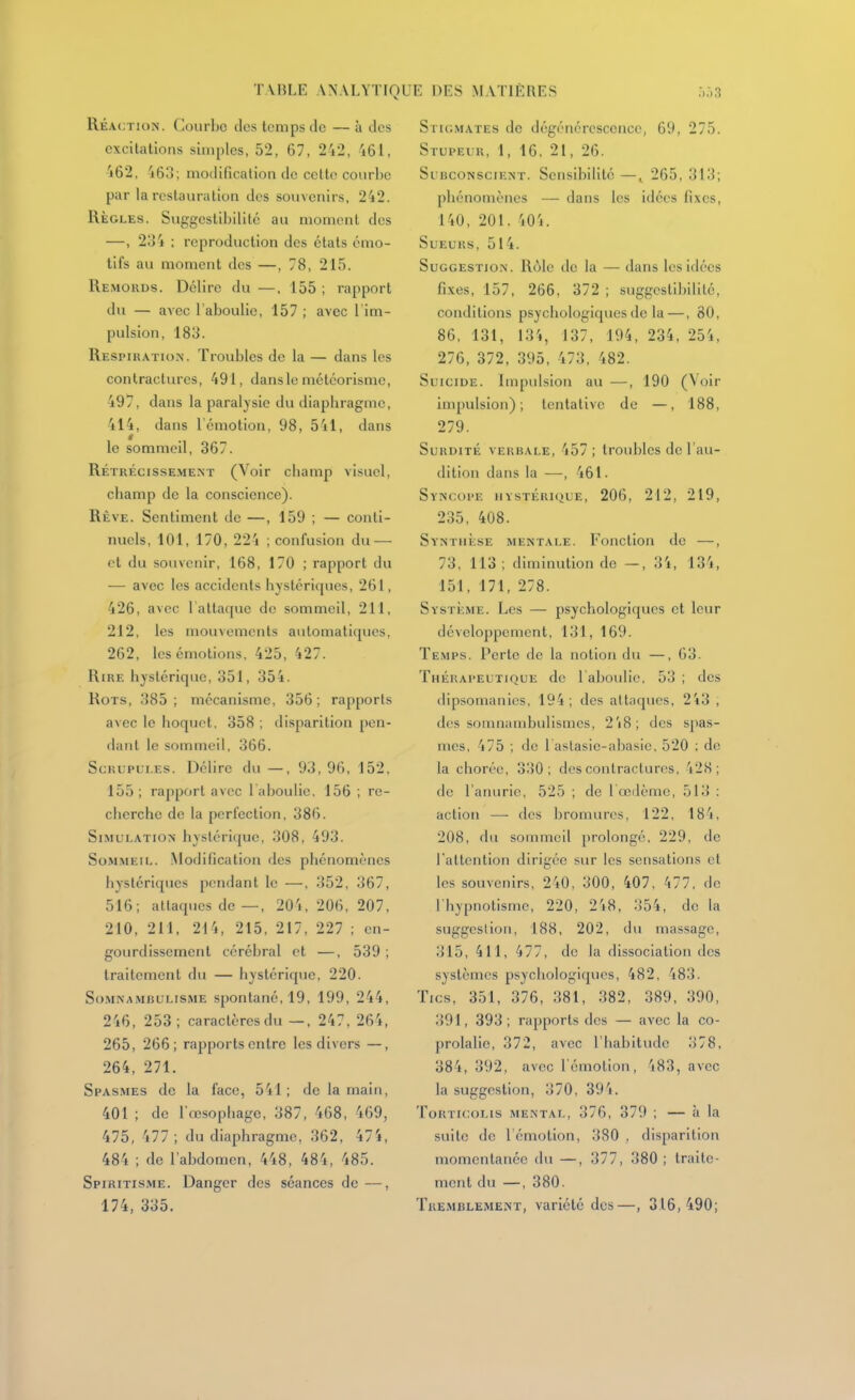 Réaction. Courbe des temps de — à des excitallons simples, 52, 67, 242, 461, 462, 463; modification de celte cour!)e par la restauration des souvenirs, 242. Règles. Suggestibilité au moment des —, 234 ; reproduction des états émo- tifs au moment des —, 78, 215. Remokds. Délire du —, 155 ; rapport du — avec 1 aboulie, 157 ; avec 1 im- pulsion, 183. Respiration. Troubles de la — dans les contractures, 491, dansle météorisme, 497, dans la paralysie du diaphragme, 414, dans lémotion, 98, 541, dans le sommeil, 367. Rétrécisse-MENt (Voir champ visuel, champ de la conscience). Rêve. Sentiment de —, 159 ; — conti- nuels, 101, 170, 224 ; confusion du — et du souvenir, 168, 170 ; rapport du -— avec les accidents hystériques, 261, 426, avec 1 attaque de sommeil, 211, 212, les mouvements automatiques, 262, les émotions, 425, 427. Rire hystérique, 351, 354. Rots, 385 ; mécanisme, 356 ; rapports avec le hoquet. 358 ; disparition pen- dant le sommeil, 366. Sckupui.es. Délire du —, 93, 96, 152, 155; rapport avec 1 aboulie. 156 ; re- cherche de la perfection, 386. Simulation hystérique, 308, 493. Sommeil. Modification des phénomènes hystériques pendant le —, 352, 367, 516; attaques de—, 204, 206, 207, 210, 211, 214, 215, 217, 227 ; en- gourdissement cérébral et —, 539 ; traitement du — hystérique, 220. So.mnambulisme spontané, 19, 199, 244, 246, 253; caractères du —, 247, 264, 265, 266; rapports entre les divers —, 264, 271. Spasmes de la face, 541 ; de la main, 401 ; de l'œsophage, 387, 468, 409, 475, 477 ; du diaphragme, 362, 474, 484 ; de l'abdomen, 448, 484, 485. Spiritisme. Danger des séances de —, 174, 335. Stigmates de dégénérescence, 69, 275. Stupeur, 1, 16. 21, 26. Subconscient. Sensibilité —, 265, 313; phénomènes — dans les idées fixes, 140, 201. 404. Sueurs, 514. Suggestion. Rôle de la — dans les idées fixes, 157, 266, 372 ; suggestibilité, conditions psychologiques de la —, 80, 86, 131, 134, 137, 194, 234, 254, 276, 372, 395, 473, 482. Suicide. Impulsion au —, 190 (Voir impulsion); tentative de —, 188, 279. Surdité verbale, 457; troubles de l'au- dition dans la k61. Syncope hystérique, 206, 212, 219, 235, 408. Synthèse mentale. Fonction de —, 73, 113; diminution de —, 34, 134, 151, 171, 278. Système. Les — psychologiques et leur développement, 131, 169. Temps. Perte de la notion du —, 63. Thérapeutique de 1 aboidic, 53 ; des dipsomanies, 194; des attaques, 243 , des somnambulismes, 2'i8; des spas- mes, 475 ; de 1 aslasie-abasie, 520 ; de la chorée, 330; des contractures, 428; de l'anurie, 525 ; de 1 œdème, 513 : action — dos bromures, 122, 18i. 208, du sommeil prolongé, 229, de l'attention dirigée sur les sensations et les souvenirs, 240, 300, 407, 477, de l'hypnotisme, 220, 248, 354, de la suggestion, 188, 202, du massage, 315, 411, 477, do la dissociation des systèmes psychologiques, 482, 483. Tics, 351, 376, 381, 382, 389, 390, 391, 393; rapports dos — avec la co- prolalie, 372, avec l'habitude 378. 384, 392, avec l'émotion, 483, avec la suggestion, 370, 394. Torticolis mental, 376, 379 ; — à la suite de l émotion, 380 , disparition momentanée du —, 377, 380 ; traite- ment du —, 380. Tremblement, variété des—, 316,490;