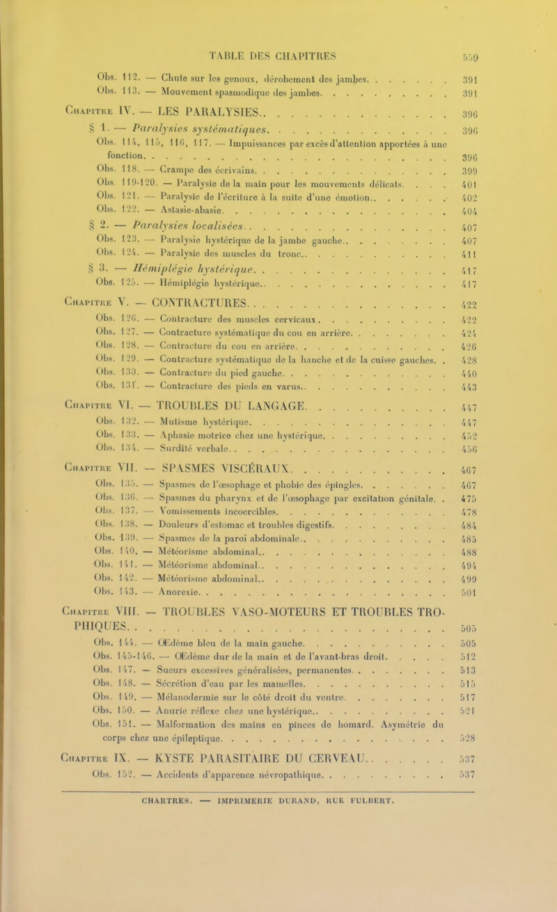 Obs. 112. — Chnio sur les genoux, dérobeincnt clos jambes 391 Obs. 11;]. — Mouvoraenl spasuiodique des jambes 391 Cmapitue IV. — LES PARALYSIES 39G ?! 1- — Paralysies systématiques 390 Obs. Il'i, 115, Hfi, 117. — Impuissances p.ir excèsd'allention apportées à une fonction 3(Jq Obs. 118. —- Crampe des écrivains 399 Obs. 119-130. — Paralysie de la main pour les mouvements délicats. . . . 401 Obs. l'21. — Paralysie de l'écriture à la suite d'une émotion • 402 Obs. 12:,'. — Aslasie-abasio 404 ^2. — Paralysies localisées 407 Obs. 123. —• Paralysie byslérique de la jambe gauclie 407 Obs. 124. — Paralysie des muscles du tronc 411 ,^ 3. — Hémiplégie hystérique 417 Obs. 12.i. — Hémiplégie hystérique 417 Chapithe V. — CONTRACTURES 422 Obs. 120. — Contracture des muscles cervicaux 422 Obs. 127. — Contracture systématique du cou en arriére 424 Obs. 128. — Contracture du cou en arrière 426 Obs. 129. — Contracture systématique delà lianclie et de la cuisse gauclics. . 428 Obs. 130. — Contracture du pied gauche 440 Obs. 131. — Contracture des piods en varus 443 GiiAi.irKE VI. — TROUBLES DU LANGAGE 447 Obs. 132. — Mutisme hystérique 447 Obs. 133. — Aphasie motrice ciiez une hystérique 4.V? Obs. 134. — Surdité verbale 4.:i0 Chapitre VII. — SPASMES VISCÉRAUX 407 Obs. 13.1. — Spasmes do l'œsophage et phobie des épingles 407 Obs. 130. — Spasmes du pharynx et de l'œsophage par excitation génitale. . 475 Obs. 137. — Vomissements incoercibles 478 Obs. 138. — Douleurs d'estomac et troubles digestifs 484 Obs. 139. — Spasmes de la paroi abdominale 485 Obs. l'iO. — Météorisme abdominal 488 Ob.s. l'ii. — Météorisme abdominal 49'i Obs. 142. — Météorisme abdominal 499 Obs. I'i3. — yVnorexie 501 CiiAPiriŒ Vlif. _ TROUBLES VASO-MOTEURS ET TROUBLES TRO- PllIQUES 505 Obs. l'i'i. — Œdème bleu de la main gauche 505 Obs. 145-141). •— Œdème dur de la main et de l'avant-bras droil 512 Obs. 14 7. — Sueurs excessives généralisées, permanentes 513 Obs. 148. — Sécrétion d'eau par les mamelles 515 Oi)s. 149. ■—• Mélanodermie sur le côté droit du ventre 517 Obs. 150. — Anuric réllcxc chez une hystérique 521 Obs. 151. — Malformati<m des mains en pinces de homard. Asymétrie du corps chez une épileptique 528 Chapitre IX. — KYSTE PARASITAIRE DU CERVEAU 537 Obs. 152. — Accidents d'apparence névropathique 537 CHARTRES. IMPRIMERIE DURAND, RUE FULBERT.