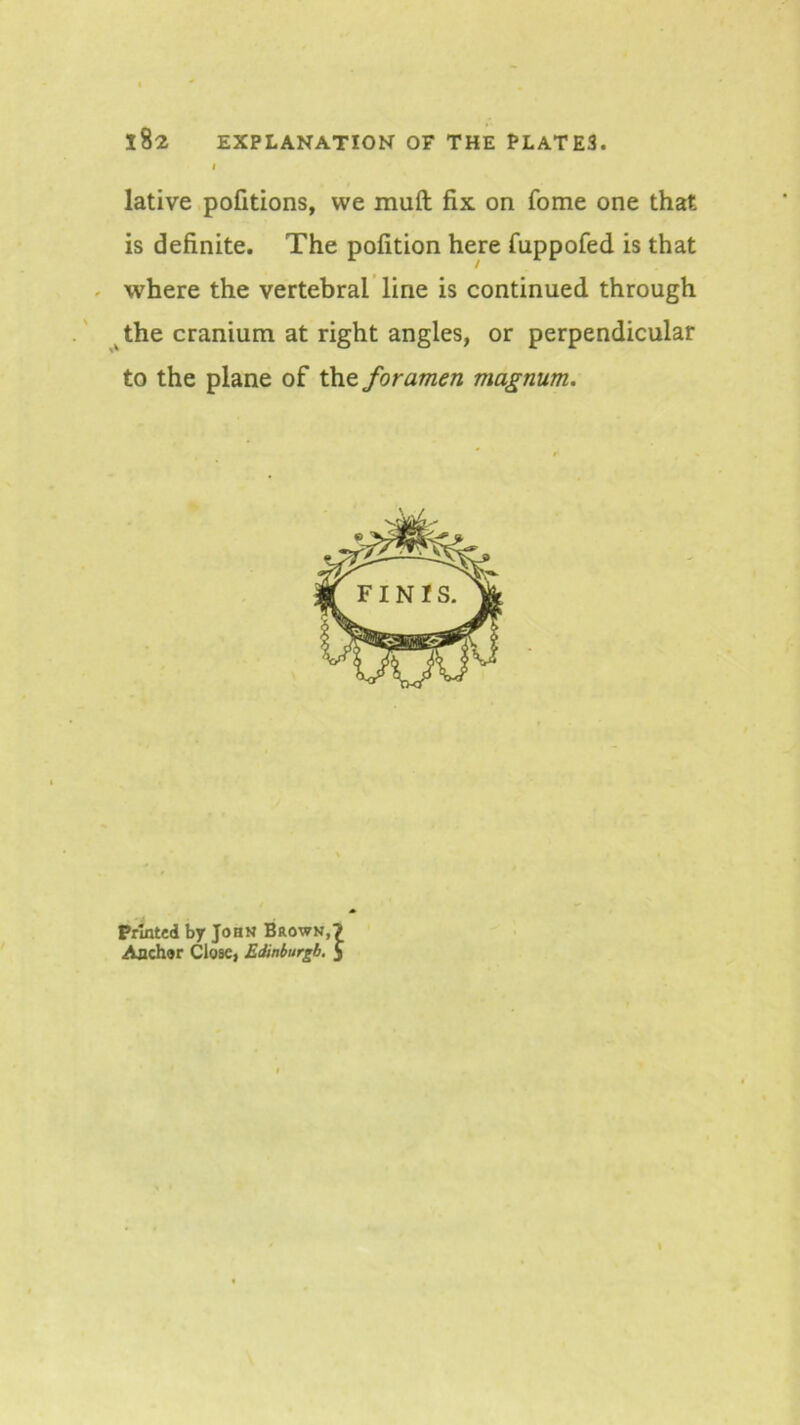 i82 explanation of the plates. lative pofitions, we muft fix on fome one that is definite. The pofition here fuppofed is that ' where the vertebral’line is continued through ^the cranium at right angles, or perpendicular to the plane of the foramen magnum. Printed by John Brown,? Anchor Close, Edinburgh. J