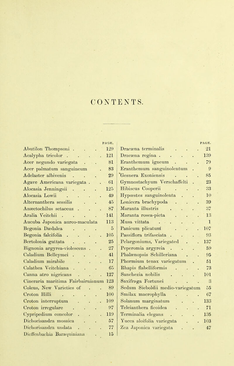 CONTENTS. PAGE. Abutilon Thompsoni . 129 Acalypba tricolor . . 121 Acer negundo variegata 81 Acer palmatum sanguineum . 83 Adelaster albivenis 29 Agave Americana variegata . . 61 Alocasia Jenningsii 125 Alocasia Lowii . 49 Alter nan tbera sessilis 45 Anaactochilus setaceus . . 87 Aralia Veitcbii .... 141 Aucuba Japonica anreo-maculata 113 Begonia Daedalea 5 Begonia falcifolia . . 105 Bertolonia guttata 25 Bignonia argyrea-violescens . . 27 Caladium Belleymei . 41 Caladium mirabile . 17 Calathea Veitchiana . 65 Canna atro nigricans . 127 Cineraria maritima Fairbairnianum 123 Coleus, New Vai'ieties of . 89 Croton Hilli 100 Croton interruptuin . 109 Croton irregulare 97 Cypripedium concolor . 119 Dicborisandra mosaica 57 Dicborisandra undata . 77 Dieffenbachia Baraquiniana 15 PAGE. Draceena terminalis ... 21 Dracaena regina .... 139 Eranthemum igneum ... 79 Erantbemum sanguinolentum . 9 Gesnera Exoniensis ... 85 Gymnostacbyum Verscbaffelti . 23 Hibiscus Cooperii ... 33 Hypcestes sanguinolenta . . 10 Lonicera bracbypoda ... 39 Maranta illustris ... 37 Maranta rosea-picta . . .13 Musa vittata . . . 1 Panicum plicatum' . . . 107 Passiflora trifasciata ... 93 Pelargoniums, Variegated . . 137 Peperomia argyreia ... 59 Pbalasnopsis Scbilleriana . . 95 Pbormium tenax variegatum . 51 Rbapis flabelliformis ... 73 Sancbezia nobilis . . . 101 Saxifraga Fortunei ... 3 Sedum Sieboldii medio-variegatum 55 Smilax macropbylla ... 67 Solannm marginatum . . 133 Teleiantbera ficoidea . . .71 Terminalia elegans . . . 135 Yucca aloifolia variegata . .103 Zca Japonica variegata . . 47