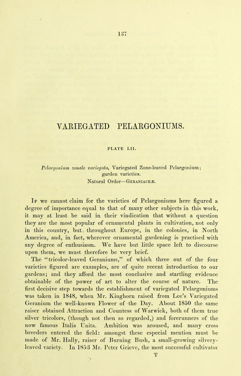 VARIEGATED PELARGONIUMS. PLATE LI I. Pelargonium zonale variegata, Variegated Zone-leaved Pelargonium; garden varieties. Natural Order—Gebaniace^e. If we cannot claim for the varieties of Pelargoniums here figured a degree of importance equal to that of many other subjects in this work, it may at least be said in their vindication that without a question they are the most popular of ornamental plants in cultivation, not only in this country, but- throughout Europe, in the colonies, in North America, and, in fact, wherever ornamental gardening is practised with any degree of enthusiasm. We have but little space left to discourse upon them, we must therefore be very brief. The tricolor-leaved Geraniums, of which three out of the four varieties figured are examples, are of quite recent introduction to our gardens; and they afford the most conclusive and startling evidence obtainable of the power of art to alter the course of nature. The first decisive step towards the establishment of variegated Pelargoniums was taken in 1848, when Mr. Ki.ngh.orn raised from Lee's Variegated Geranium the well-known Flower of the Day. About 1850 the same raiser obtained Attraction and Countess of Warwick, both of them true silver tricolors, (though not then so regarded,) and forerunners of the now famous Italia Unita. Ambition was aroused, and many cross breeders entered the field: amongst these especial mention must be made of Mr. Hally, raiser of Burning Bush, a small-growing silvery- leaved variety. In 1853 Mr. Peter Grieve, the most successful cultivator T
