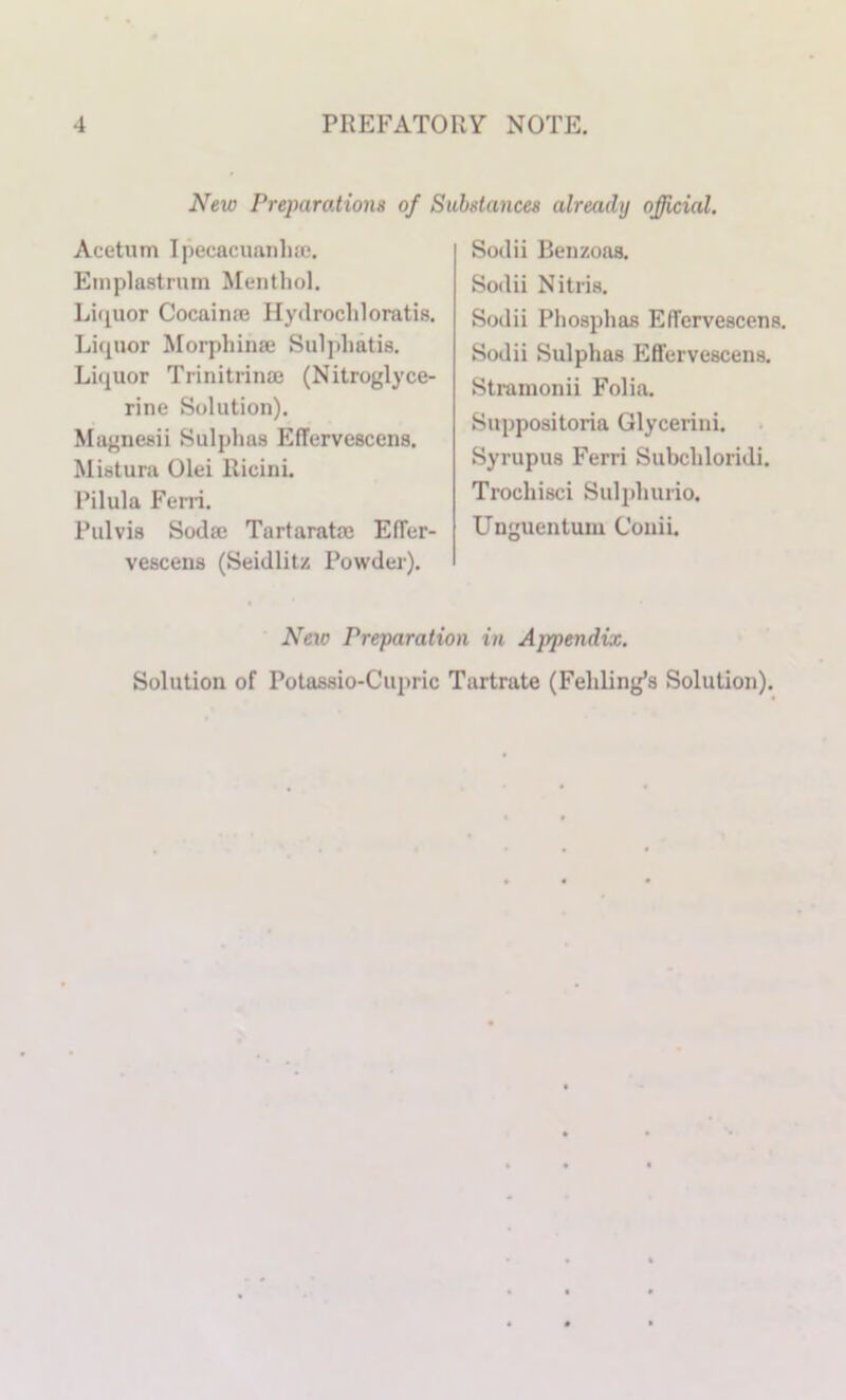 New Preparations of Substances already official. Acetiim Ipecacimnlia). Einplastrum Menthol. Li<[Uor Cocainse Hydrochloratis. Liquor Morphinai Suljihatis. Li<iuor Trinitrinaj (Nitroglyce- rine Solution). Magnesii Sulphas ElTervescens. Mistura Olei Ricini. Pilula Ferri. Pulvis Soda} Tartarata} ElTer- vescens (Seidlitz Powder). Sodii Benzoas. Sodii Nitris. Sodii Phosphas Effervescens. Sodii Sulphas Effervescens. Stramonii Folia. Suppositoria Glycerini. Syrupus Ferri Subchloridi. Trochisci Sulphurio. Unguentum Conii. New Preparation in Appendix. Solution of Potassio-Cupric Tartrate (Fehling’s Solution).