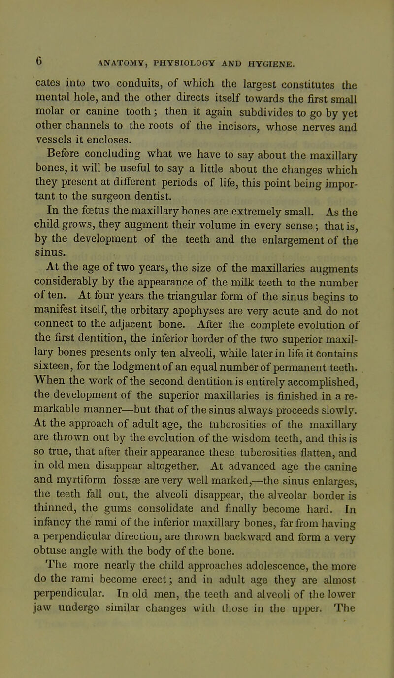 cates into two conduits, of which the largest constitutes the mental hole, and the other directs itself towards the first small molar or canine tooth; then it again subdivides to go by yet other channels to the roots of the incisors, whose nerves and vessels it encloses. Before concluding what we have to say about the maxillary bones, it will be useful to say a little about the changes which they present at different periods of life, this point being impor- tant to the surgeon dentist. In the foBtus the maxillary bones are extremely small. As the child grows, they augment their volume in every sense; that is, by the development of the teeth and the enlargement of the sinus. At the age of two years, the size of the maxillaries augments considerably by the appearance of the milk teeth to the number of ten. At four years the triangular form of the sinus begins to manifest itself, the orbitary apophyses are very acute and do not connect to the adjacent bone. After the complete evolution of the first dentition, the inferior border of the two superior maxil- lary bones presents only ten alveoli, while later in hfe it contains sixteen, for the lodgment of an equal number of permanent teeth. When the work of the second dentition is entirely accomplished, the development of the superior maxillaries is finished in a re- markable manner—but that of the sinus always proceeds slowly. At the approach of adult age, the tuberosities of the maxillary are thrown out by the evolution of the wisdom teeth, and this is so true, that after their appearance these tuberosities flatten, and in old men disappear altogether. At advanced age the canine and myrtiform fossa) are very well marked,—the sinus enlarges, the teeth fall out, the alveoli disappear, the alveolar border is thinned, the gums consolidate and finally become hard. In infancy the rami of the inferior maxillary bones, far from having a perpendicular direction, are thrown backward and form a very obtuse angle with the body of the bone. The more nearly the child approaches adolescence, the more do the rami become erect; and in adult age they are almost perpendicular. In old men, the teeth and alveoli of the lower jaw undergo similar changes with those in the upper. The