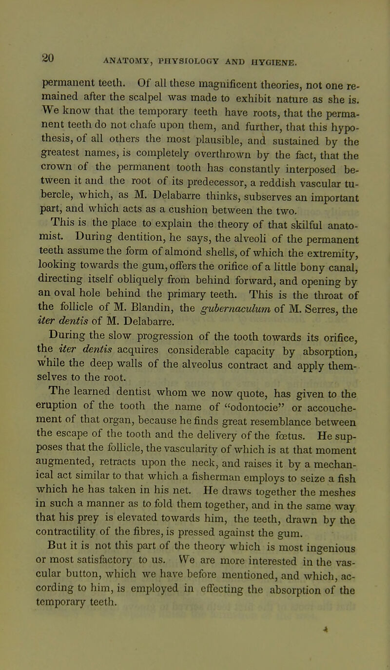 permanent teeth. Of all these magnificent theories, not one re- mained after the scalpel was made to exhibit nature as she is. We know that the temporary teeth have roots, that the perma- nent teeth do not chafe upon them, and further, that this hypo- thesis, of all others the most plausible, and sustained by the greatest names, is completely overthrown by the fact, that the crown of the permanent tooth has constantly interposed be- tween it and the root of its predecessor, a reddish vascular tu- bercle, which, as M. Delabarre thinks, subserves an important part, and which acts as a cushion between the two. This is the place to explain the theory of that skilful anato- mist. During dentition, he says, the alveoli of the permanent teeth assume the form of almond shells, of which the extremity, looking towards the gum, oifers the orifice of a Httle bony canal, directing itself obliquely from behind forward, and opening by an oval hole behind the primary teeth. This is the tliroat of the follicle of M. Blandin, the guhernaculum of M. Serres, the iter dentis of M. Delabarre. During the slow progression of the tooth towards its orifice, the iter dentis acquires considerable capacity by absorption, while the deep walls of the alveolus contract and apply them- selves to the root. The learned dentist whom we now quote, has given to the eruption of the tooth the name of odontocie or accouche- ment of that organ, because he finds great resemblance between the escape of the tooth and the delivery of the fcetus. He sup- poses that the follicle, the vascularity of which is at that moment augmented, retracts upon the neck, and raises it by a mechan- ical act similar to that which a fisherman employs to seize a fish which he has taken in his net. He draws together the meshes in such a manner as to fold them together, and in the same way that his prey is elevated towards him, the teeth, drawn by the contractility of the fibres, is pressed against the gum. But it is not this part of the theory which is most ingenious or most satisfactory to us. We are more interested in the vas- cular button, which we have before mentioned, and which, ac- cording to him, is employed in effecting the absorption of the temporary teeth.