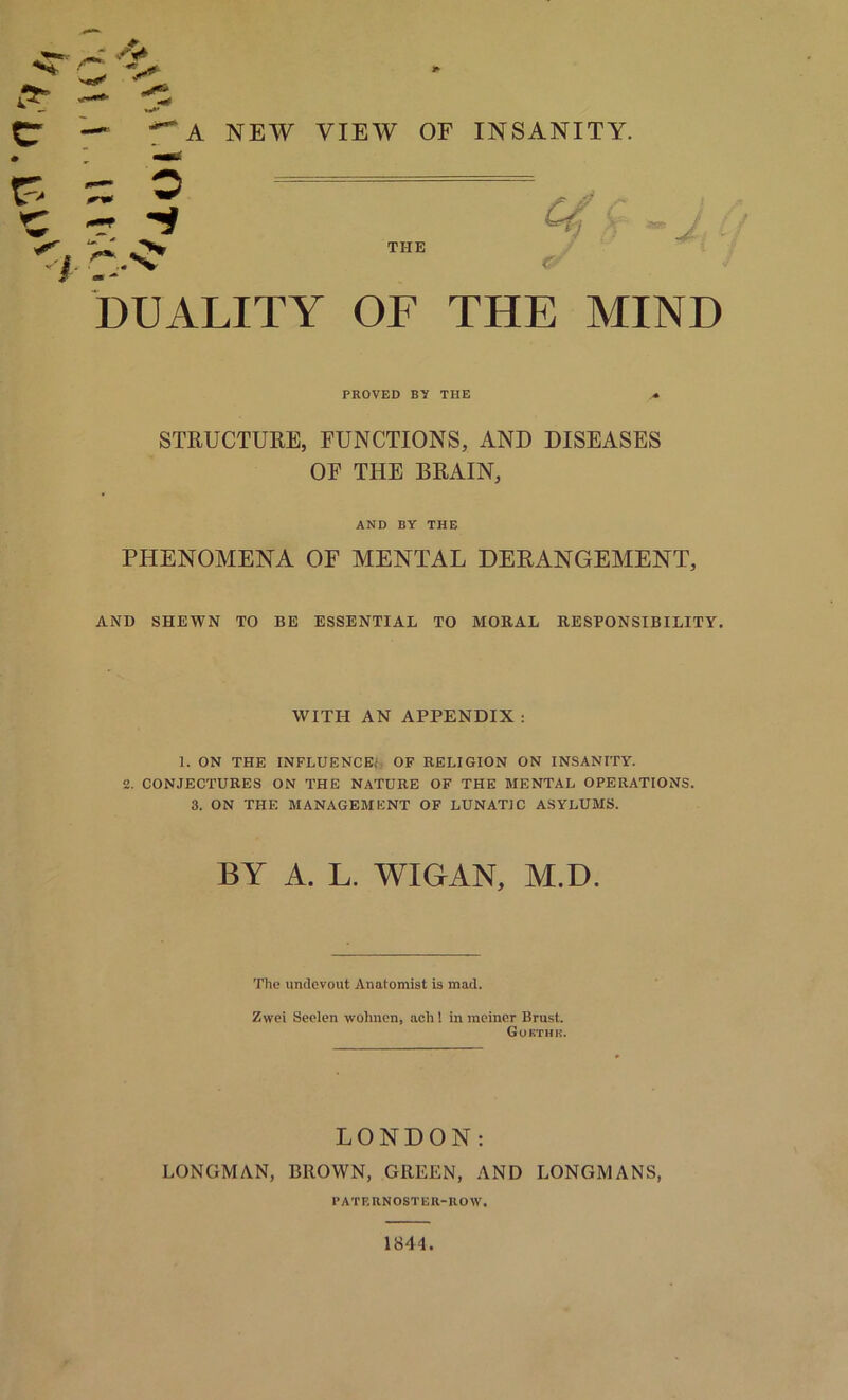 C7 — A NEW VIEW OF INSANITY. DUALITY OF THE MIND PROVED BY THE - STRUCTURE, FUNCTIONS, AND DISEASES OF THE BRAIN, AND BY THE PHENOMENA OF MENTAL DERANGEMENT, AND SHEWN TO BE ESSENTIAL TO MORAL RESPONSIBILITY. WITH AN APPENDIX : 1. ON THE INFLUENCED OF RELIGION ON INSANITY. 2. CONJECTURES ON THE NATURE OF THE MENTAL OPERATIONS. 3. ON THE MANAGEMENT OF LUNATIC ASYLUMS. BY A. L. WIGAN, M.D. The undcvout Anatomist is mad. Zwei Seelen wohnen, aeh! in meiner Brust. Goicthb. LONDON: LONGMAN, BROWN, GREEN, AND LONGMANS, PATERNOSTER-ROW. 1844