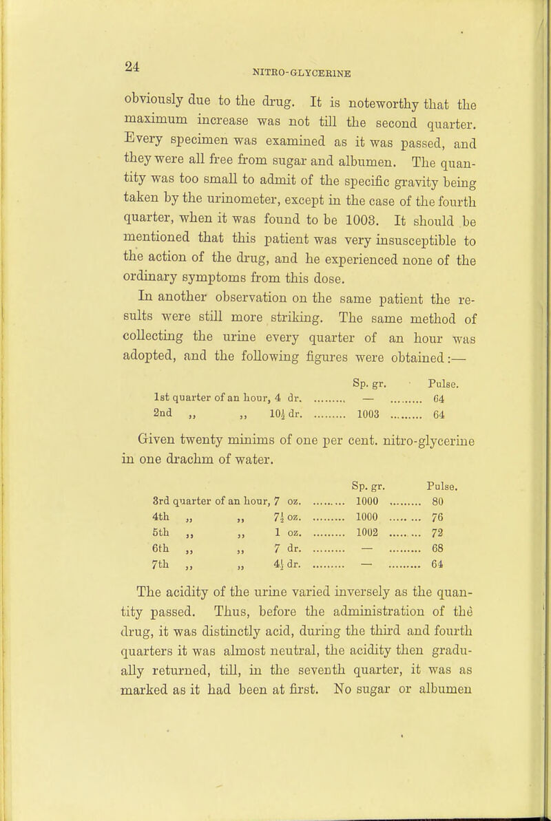 NITKO-GLYCEBINK obviously due to the di-ug. It is noteworthy that the maximum increase was not till the second quarter. Every specimen was exammed as it was passed, and they were all free from sugar and albumen. The quan- tity was too small to admit of the specific gravity being taken by the urinometer, except in the case of the fourth quarter, when it was found to be 1003. It should be mentioned that this patient was very insusceptible to the action of the drug, and he experienced none of the ordinary symptoms from this dose. In another observation on the same patient the re- sults were still more striking. The same method of collecting the urine every quarter of an hour was adopted, and the following figures were obtained:— Sp. gr. Pulse. Ist quarter of an hour, 4 dr — C4 2nd „ „ lO^dr 1003 64 Given twenty minims of one per cent, nitro-glycerme in one drachm of water. 3rd quarter of an Lour, 7 oz. 4th „ ,, 71 oz. 5th 1 oz. 6th „ ,, 7 dr. 7th „ „ 4idr. Sp. gr. Pulse. 1000 80 1000 76 1002 72 — 68 — 64 The acidity of the urine varied inversely as the quan- tity passed. Thus, before the administration of the drug, it was distinctly acid, during the third and fourth quarters it was almost neutral, the acidity then gradu- ally returned, till, in the seventh quarter, it was as marked as it had been at first. No sugar or albumen