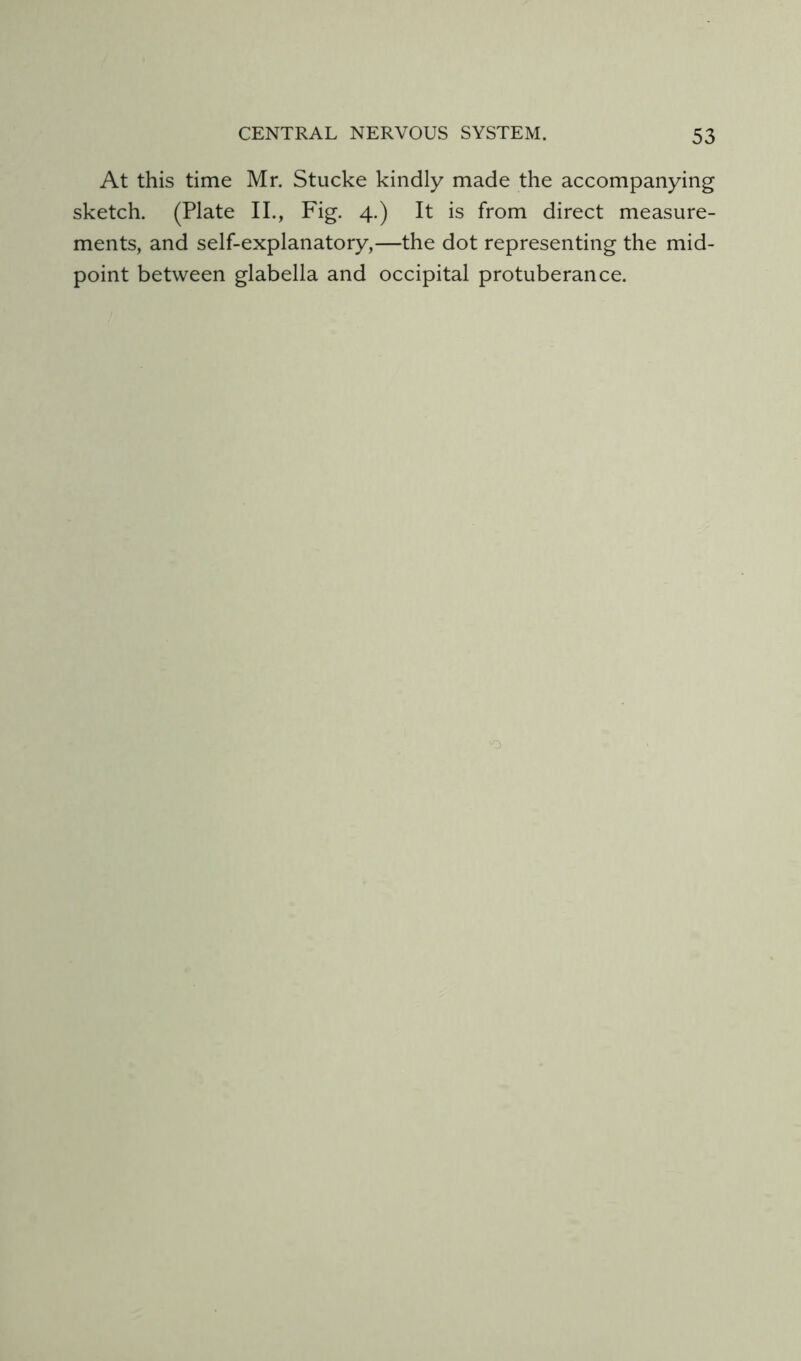 At this time Mr. Stucke kindly made the accompanying sketch. (Plate II., Fig. 4.) It is from direct measure- ments, and self-explanatory,—the dot representing the mid- point between glabella and occipital protuberance.