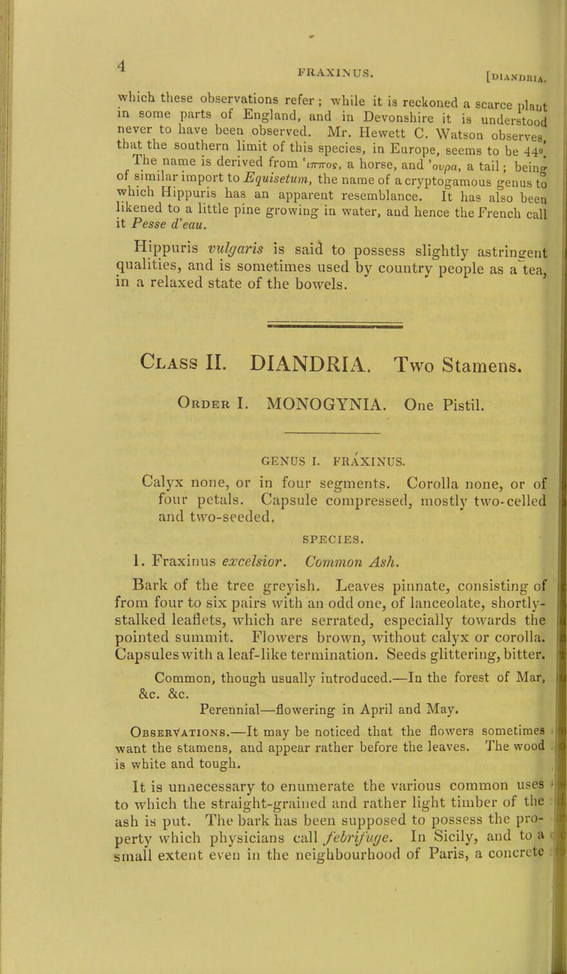 FRAXINUS. [DIANDU.A. which tliese observations refer ; while it is reckoned a scarce plant in some parts of England, and in Devonshire it is understood never to have been observed. Mr. Hewett C. Watson observes that the southern limit of this species, in Europe, seems to be 440' The name is derived from 'ittttos. a horse, and 'ovpa. a tail; being of similar import to Equisetum, the name of a cryptogamous genus to which Hippuris has an apparent resemblance. It has also been likened to a little pine growing in water, and hence the French call it Pesse d'eau. Hippuris vulgaris is said to possess slightly astringent qualities, and is sometimes used by country people as a tea, in a relaxed state of the bowels. Class II. DIANDRIA. Two Stamens. Order I. MONOGYNIA. One Pistil. GENUS r. FRAXINUS. Calyx none, or in four segments. Corolla none, or of four petals. Capsule compressed, mostly two-celled and two-seeded. SPECIES. 1. Fraxinus excelsior. Common Ash. Bark of the tree greyish. Leaves pinnate, consisting of from four to six pairs with an odd one, of lanceolate, shortly- stalked leaflets, which are serrated, especially towards the pointed summit. Flowers brown, without calyx or corolla. Capsules with a leaf-like termination. Seeds glittering, bitter. Common, though usually introduced.—In the forest of Mar, &c. &c. Perennial—flowering in April and May. Observations.—It may be noticed that the flowers sometimes want the stamens, and appear rather before the leaves. The wood is white and tough. It is unnecessary to enumerate the various common uses to which the straight-grained and rather light timber of the ash is put. The bark has been supposed to possess the pro- perty which physicians call febrifuge. In Sicily, and to a small extent even in the neighbourhood of Paris, a concrete
