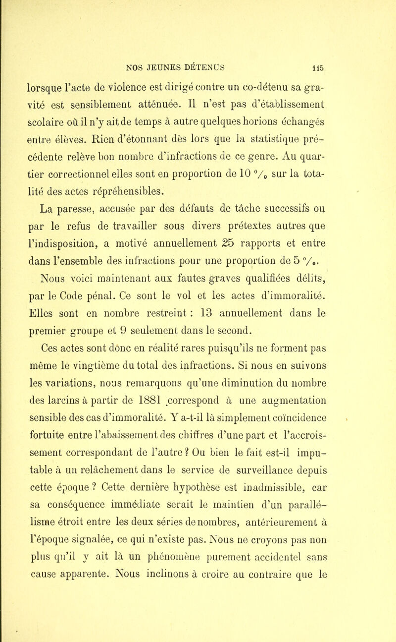 lorsque l’acte de violence est dirigé contre un co-détenu sa gra- vité est sensiblement atténuée. Il n’est pas d’établissement scolaire où il n’y ait de temps à autre quelques horions échangés entre élèves. Rien d’étonnant dès lors que la statistique pré- cédente relève bon nombre d’infractions de ce genre. Au quar- tier correctionnel elles sont en proportion de 10 % sur la tota- lité des actes répréhensibles. La paresse, accusée par des défauts de tâche successifs ou par le refus de travailler sous divers prétextes autres que l’indisposition, a motivé annuellement 25 rapports et entre dans l’ensemble des infractions pour une proportion de 5 %,. Nous voici maintenant aux fautes graves qualifiées délits, par le Code pénal. Ce sont le vol et les actes d’immoralité. Elles sont en nombre restreint : 13 annuellement dans le premier groupe et 9 seulement dans le second. Ces actes sont dônc en réalité rares puisqu’ils ne forment pas même le vingtième du total des infractions. Si nous en suivons les variations, nous remarquons qu’une diminution du nombre des larcins à partir de 1881 correspond à une augmentation sensible des cas d’immoralité. Y a-t-il là simplement coïncidence fortuite entre l’abaissement des chiffres d’une part et l’accrois- sement correspondant de l’autre ? Ou bien le fait est-il impu- table à un relâchement dans le service de surveillance depuis cette époque ? Cette dernière hypothèse est inadmissible, car sa conséquence immédiate serait le maintien d’un parallé- lisme étroit entre les deux séries dénombrés, antérieurement à l’époque signalée, ce qui n’existe pas. Nous ne croyons pas non plus qu’il y ait là un phénomène purement accidentel sans cause apparente. Nous inclinons à croire au contraire que le