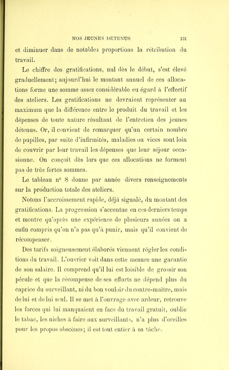 et diminuer dans de notables proportions la rétribution du travail. Le chiffre des gratifications, nul dès le début, s’est élevé graduellement; aujourd’hui le montant annuel de ces alloca- tions forme une somme assez considérable eu égard à l’effectif des ateliers. Les gratifications ne devraient représenter au maximum que la différence entre le produit du travail et les dépenses de toute nature résultant de l’entretien des jeunes détenus. Or, il convient de remarquer qu’un certain nombre de pupilles, par suite d’infirmités, maladies ou vices sont loin de couvrir par leur travail les dépenses que leur séjour occa- sionne. On conçoit dès lors que ces allocations ne forment pas de très fortes sommes. Le tableau n° 8 donne par année divers renseignements sur la production totale des ateliers. Notons l’accroissement rapide, déjà signalé, du montant des gratifications. La progression s’accentue en ces derniers temps et montre qu’après une expérience de plusieurs années on a enfin compris qu’on n’a pas qu’à punir, mais qu’il convient de récompenser. Des tarifs soigneusement élaborés viennent régler les condi- tions du travail. L’ouvrier voit dans cette mesure une garantie de son salaire. Il comprend qu’il lui est loisible de grossir son pécule et que la récompense de ses efforts ne dépend plus du caprice du surveillant, ni du bon vouloir du contre-maître, mais de lui et de lui seul. Il se met à l’ouvrage avec ardeur, retrouve les forces qui lui manquaient en face du travail gratuit, oublie le tabac, les niches à faire aux surveillants, n’a plus' d’oreilles pour les propos obscènes; il est tout entier à sa fâche.